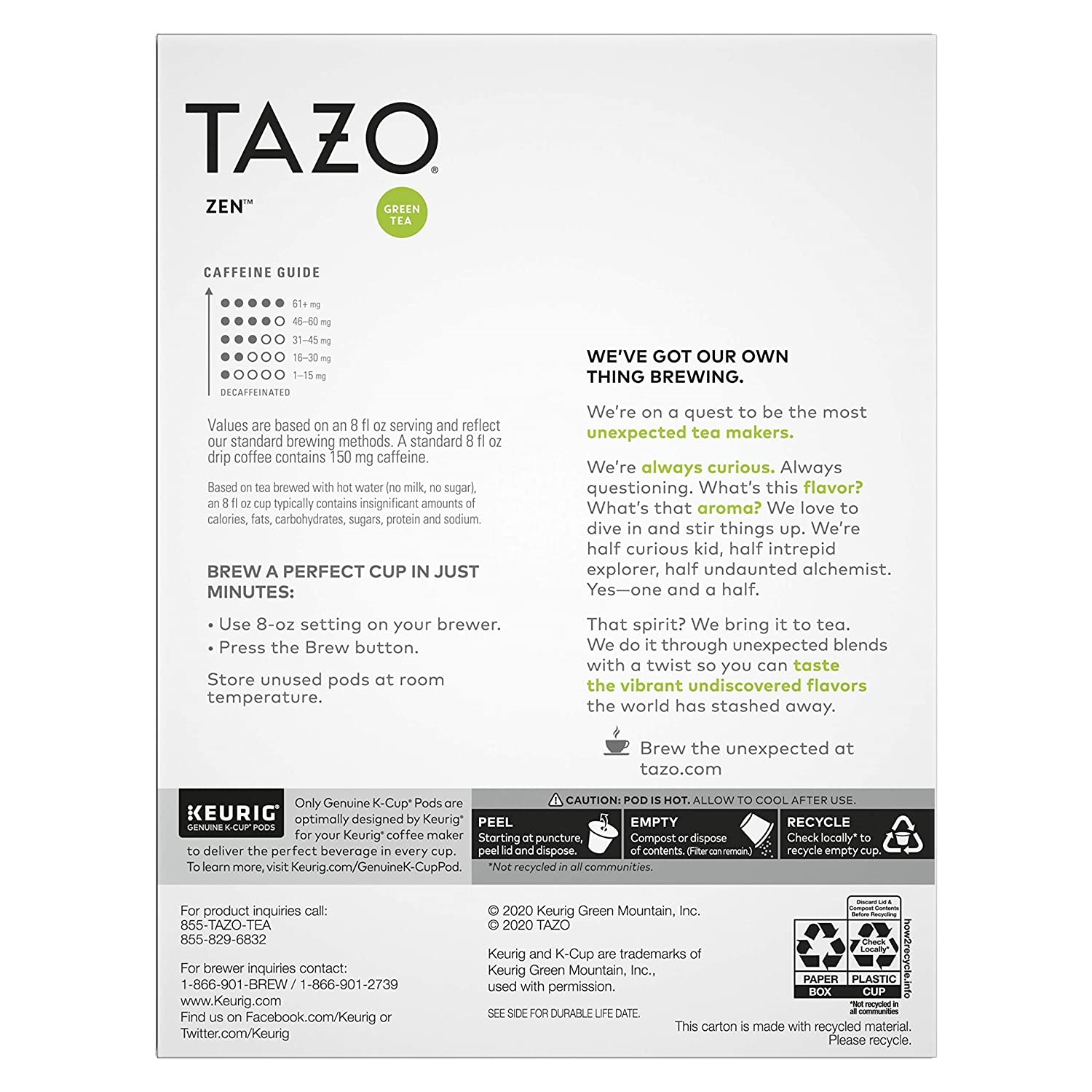Tazo Zen K-Cup Pods For a Calming Tea. Green Tea Moderately Caffeinated tea. 22 ct