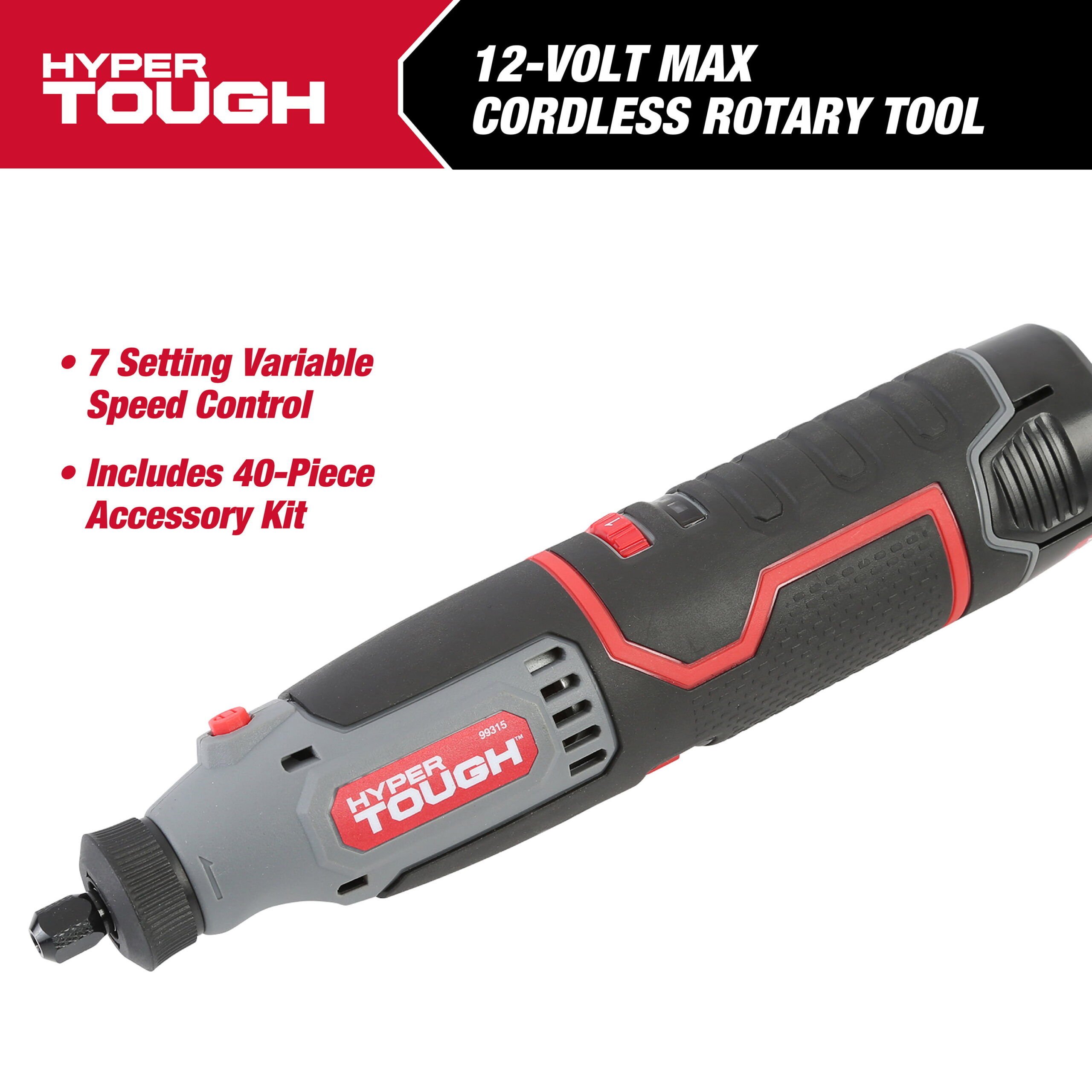 Hyper Tough 12V Max* Lit-Ion Cordless Variable Speed Rotary Tool. 40 Accessories. with 1.5Ah Battery & Charger. 99315