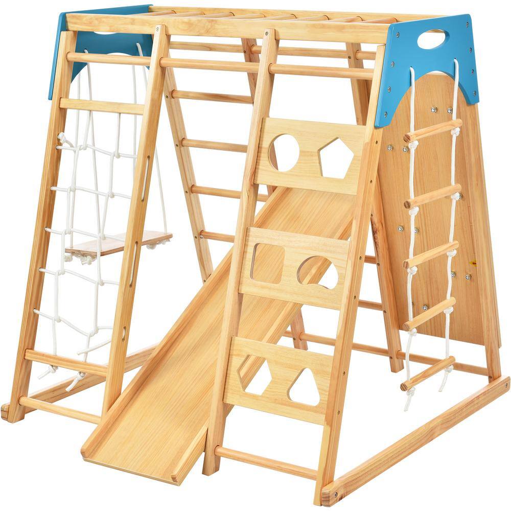 Tatayosi J-J-WF297448AAK 8-in-1 Slide Playset Toddlers Wooden Climber with Rope Wall Climb. Monkey Bars. and Swing for Kids