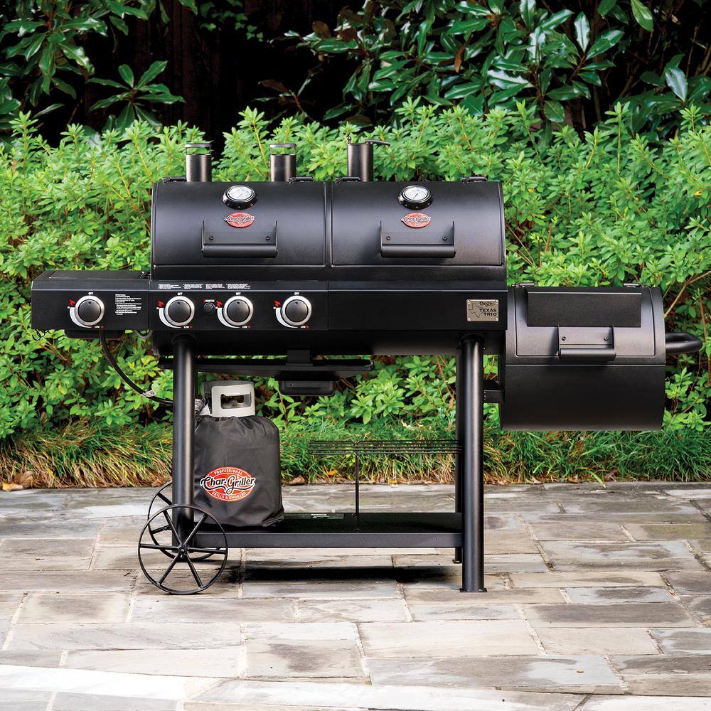 Char-Griller 3070 Texas Trio 4-Burner Dual Fuel Grill with Smoker in Black
