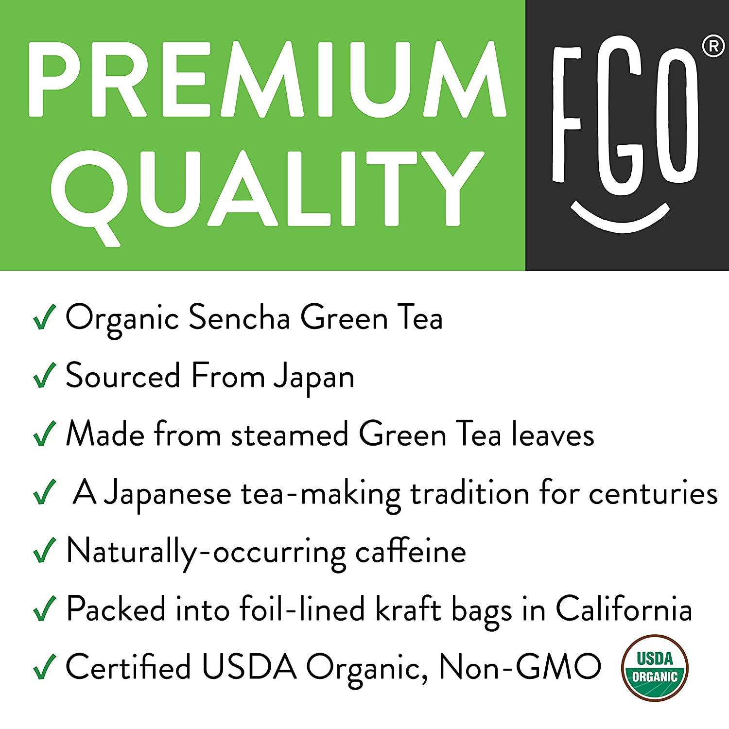 FGO Organic Sencha Loose Leaf Tea Brew 200 Cups. Imported from Japan 16oz/453g Resealable Kraft Bag
