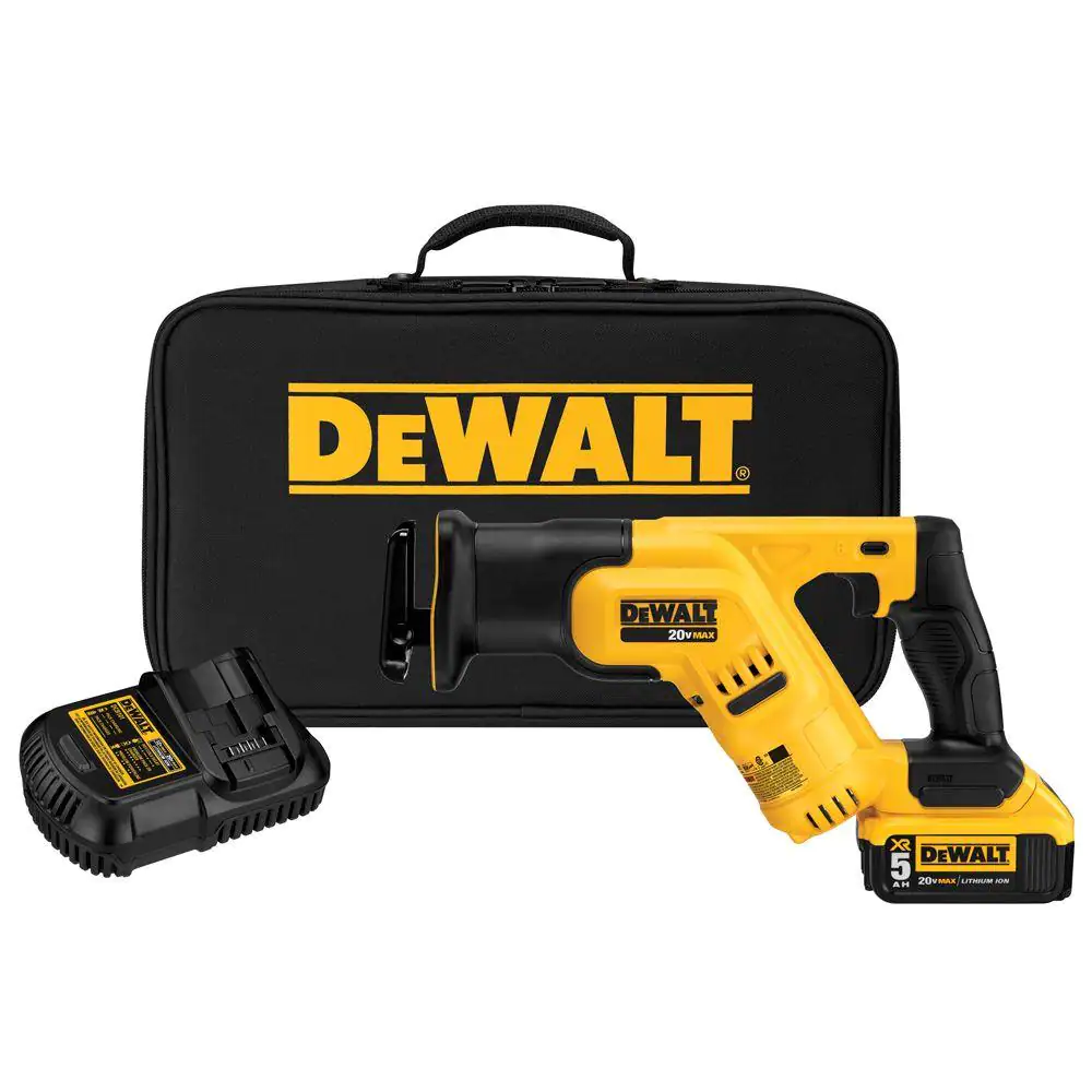DEWALT DCS387P1 20-Volt MAX Lithium-Ion Cordless Compact Reciprocating Saw Kit with Battery 5Ah. Charger and Contractor Bag