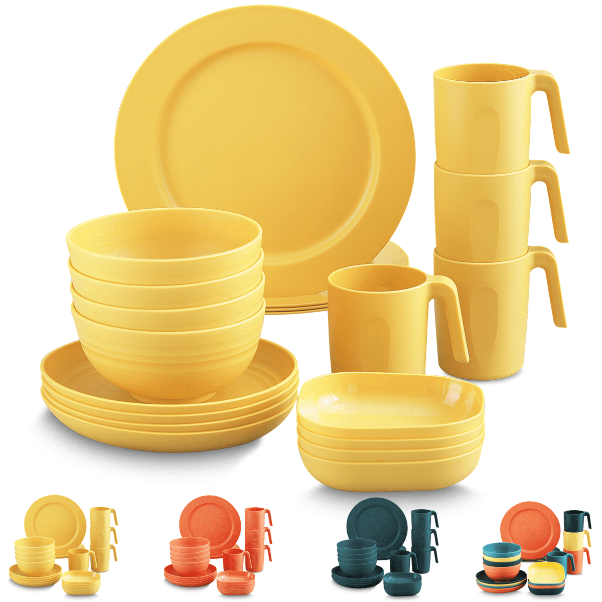 ReaNea Plastic Gold Yellow Dinnerware Set of 20 Pieces. Unbreakable And Reusable Light Weight Plates Mugs Bowls Dishes Easy to Carry And Clean BPA Free Service For 4
