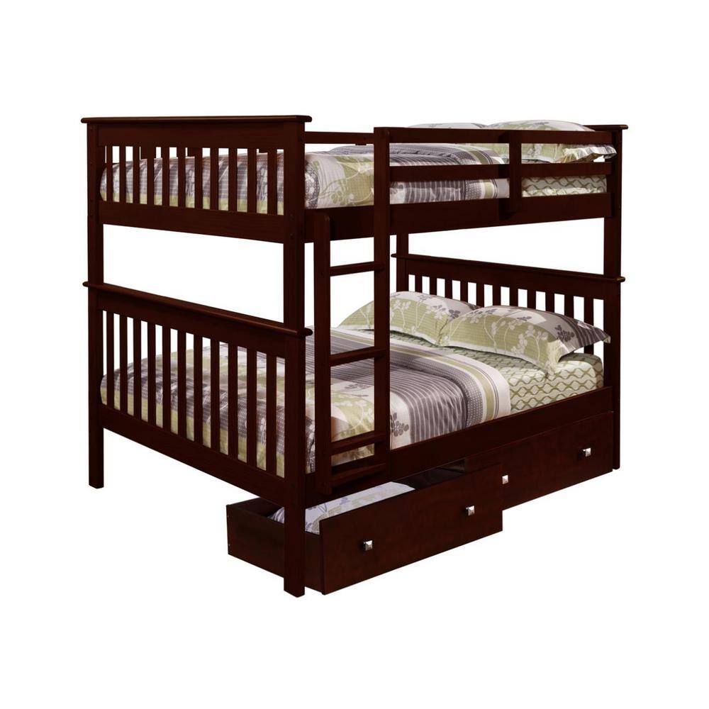 Donco Kids  Brown Dark Cappuccino Full Over Full Mission Bunk Bed with Dual Under Bed Drawers