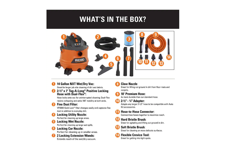 RIDGID HD1401 14 Gal. 6.0-Peak HP NXT Wet/Dry Shop Vacuum with Fine Dust Filter. Hose. Accessories and Premium Car Cleaning Kit