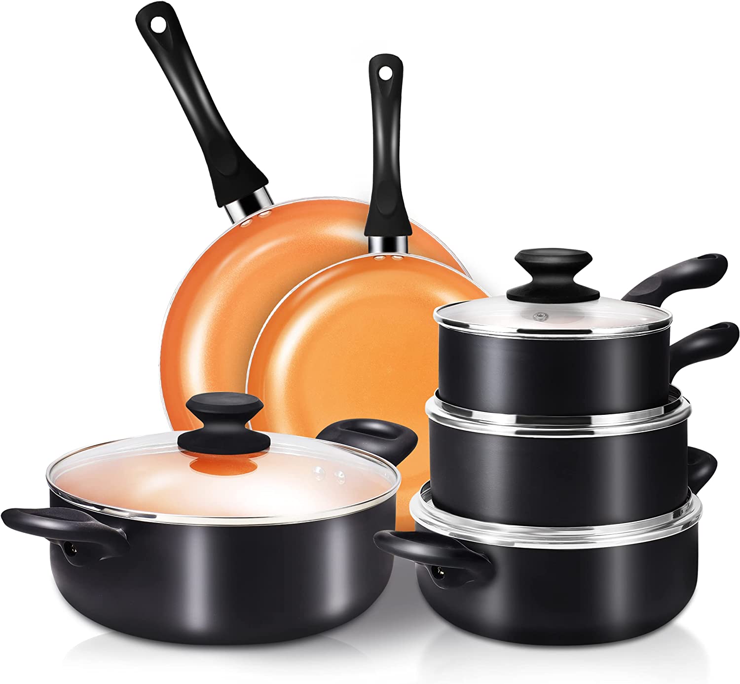 FRUITEAM 10pcs Cookware Set Ceramic Nonstick Soup Pot. Milk Pot and Frying Pans Set. Copper Aluminum Pan with Lid. Induction Gas Compatible. 1 Year Warranty Mothers Day Gifts for Wife…