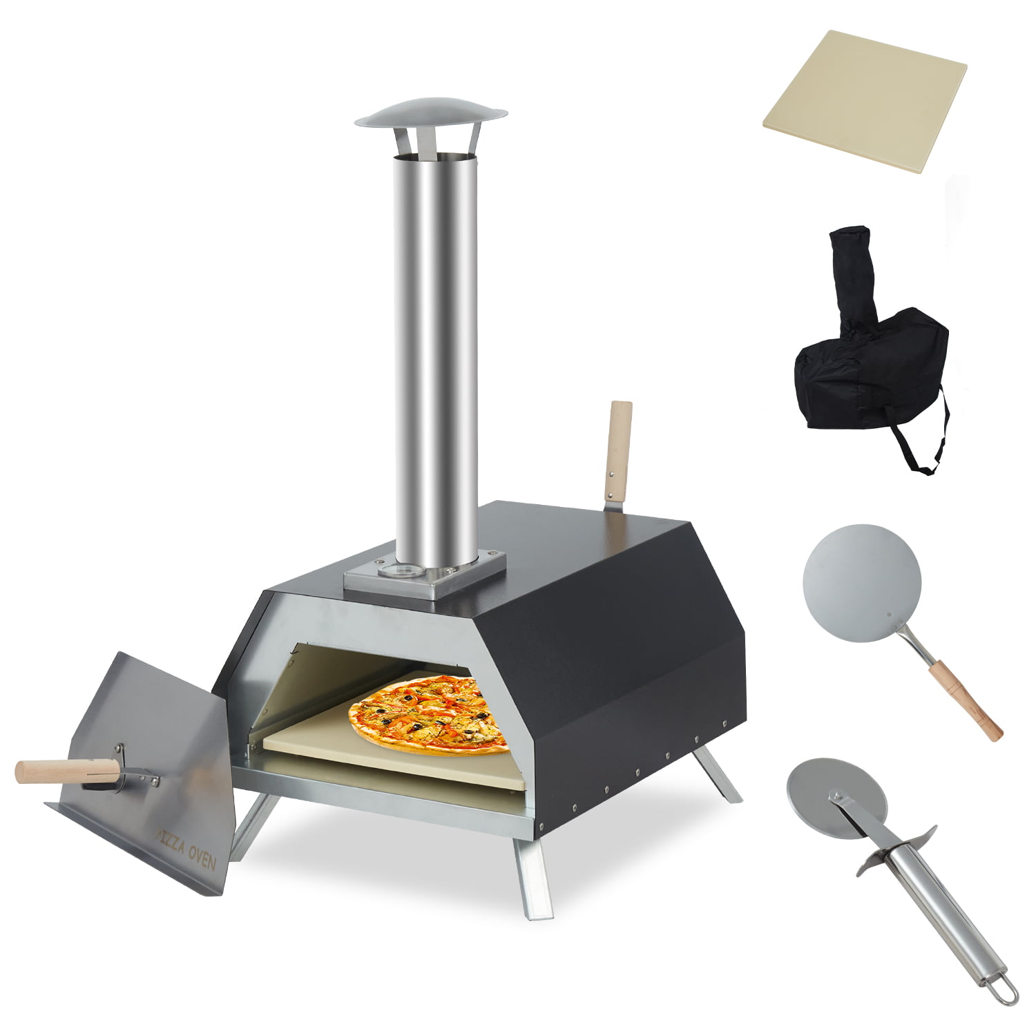Kinbor Pizza Oven Wood Fired Outdoor Stainless Steel Pizza Maker with Fold-up Leg. 13'' Pizza Stone. Waterproof Cover/Bag