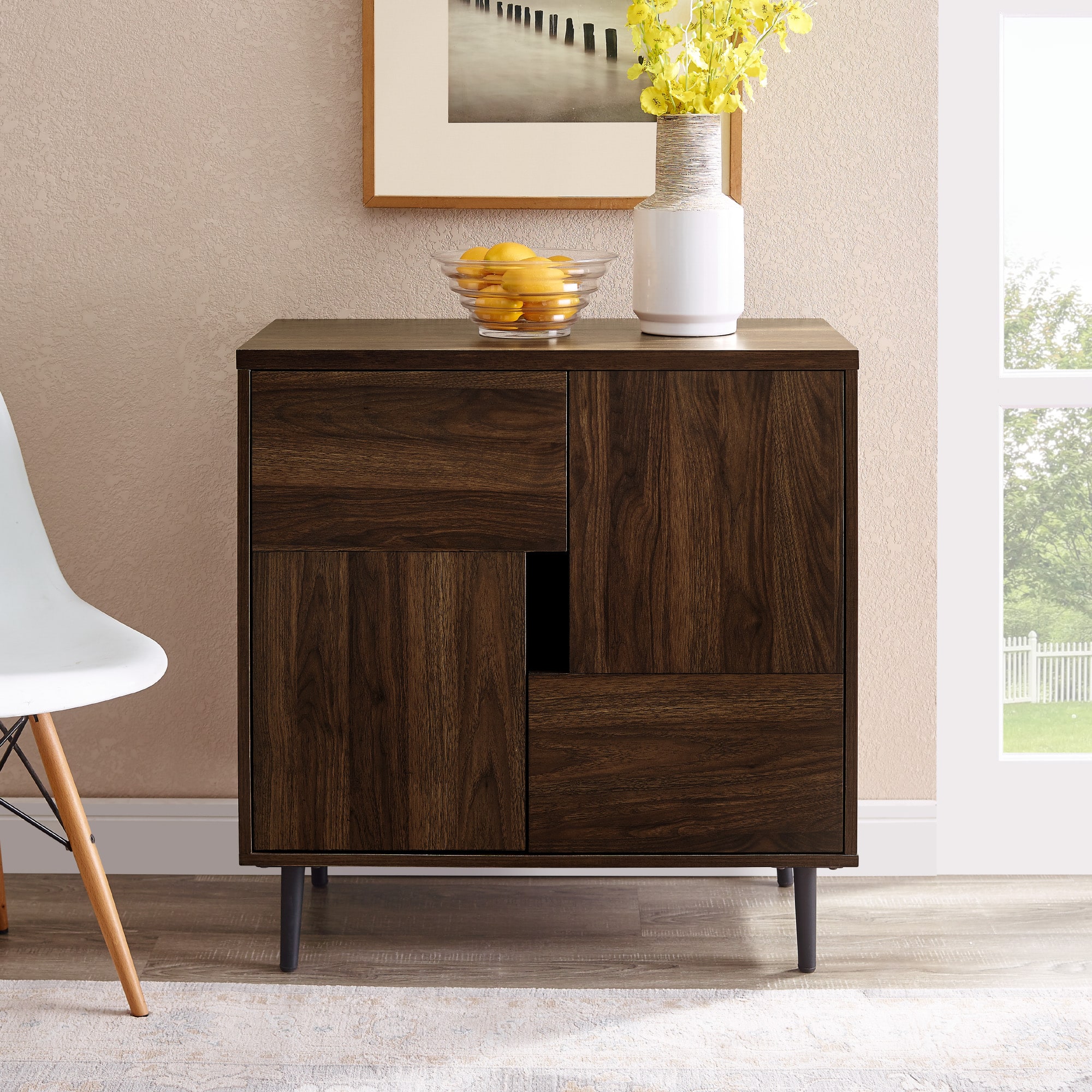 Walker Edison Dark Walnut/Navy Interior Modern Color Pop Accent Cabinet