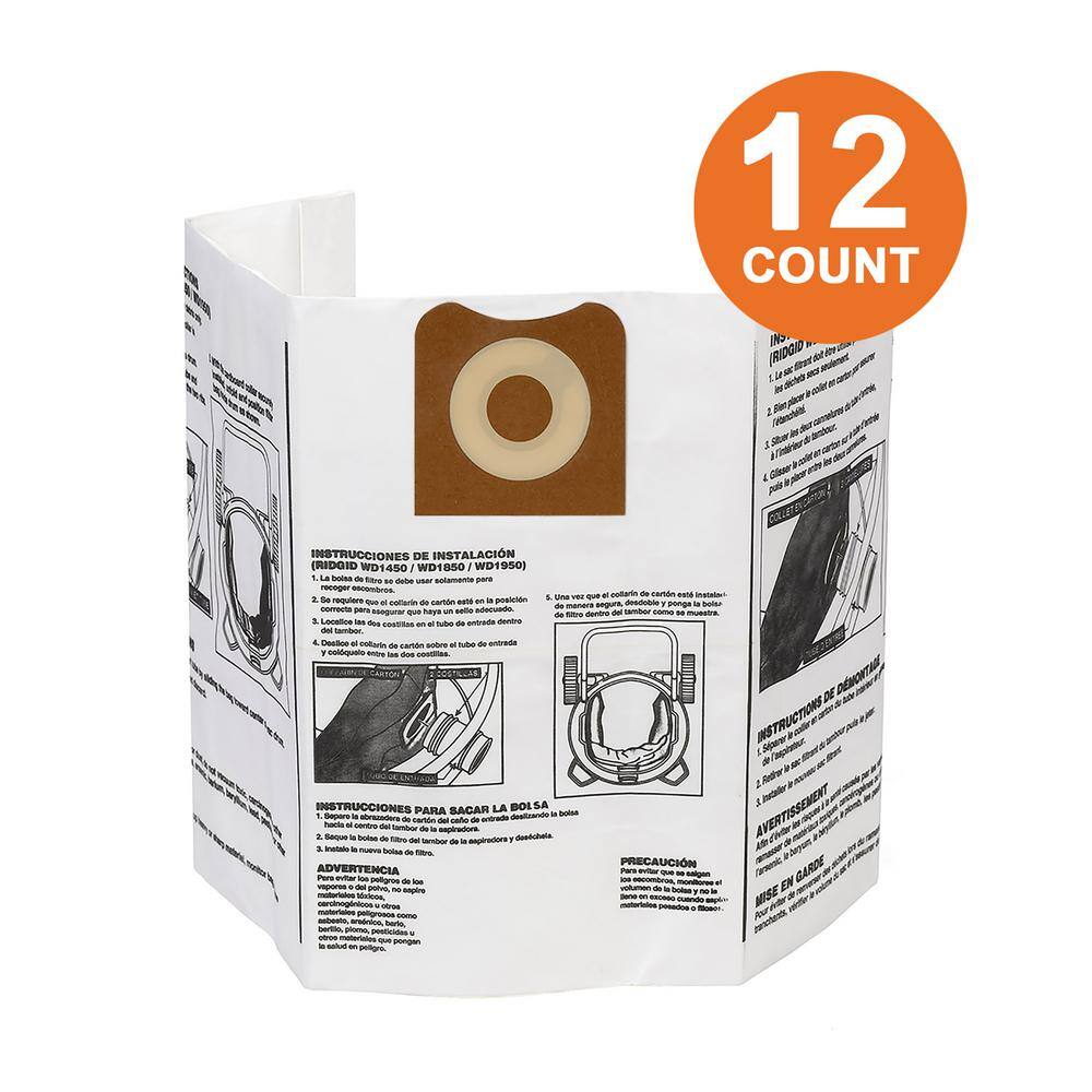 RIDGID VF3502B High-Efficiency Size A Dust Collection Bags for 12 to 16 Gallon RIDGID Wet/Dry Shop Vacuums (12-Pack)