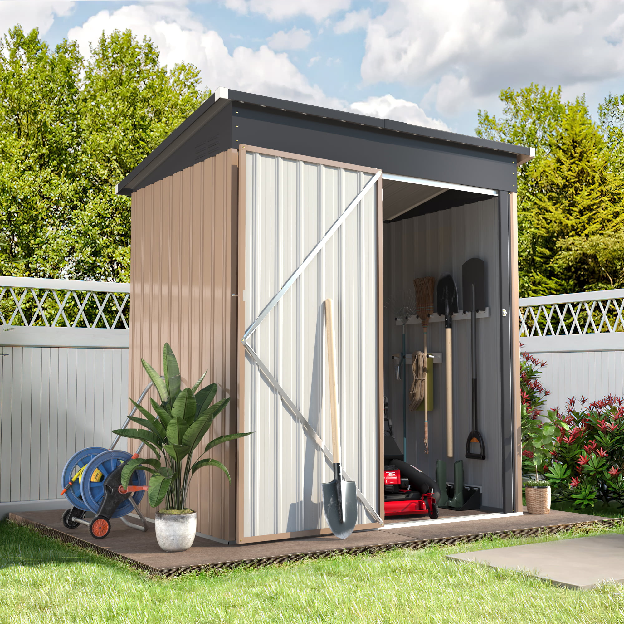 YODOLLA 5 x 3 ft. Outdoor Metal Storage Shed with Sliding Roof & Lockable Door for Backyard. Garden