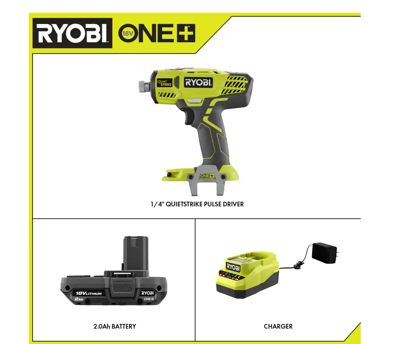 RYOBI P290-PSK005 ONE+ 18V Cordless 1/4 in. Hex QuietSTRIKE Pulse Driver with Belt Clip. 2.0 Ah Battery. and Charger