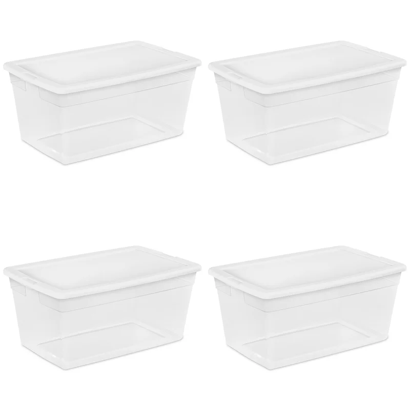 Sterilite 16668004 90 Quart/85 Liter Storage Box. Clear with a White Lid. 4-Pack
