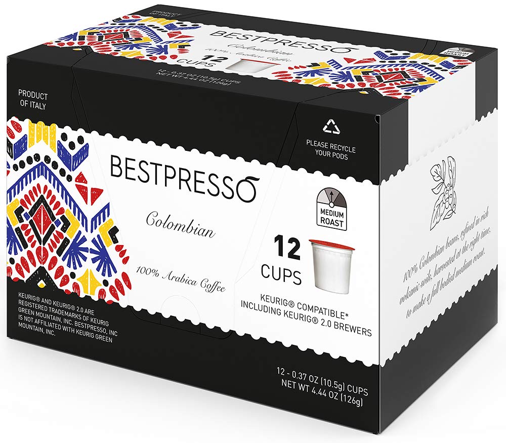Bestpresso Coffee. Colombian Medium Roast Single Serve K-Cup Pods. 96 Count (Compatible With 2.0 Keurig Brewers) 8 Packs Of 12 Cups