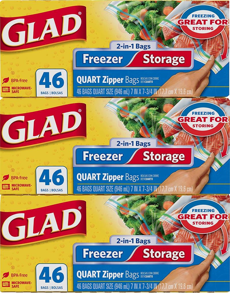 Glad Food Storage and Freezer 2 in 1 Zipper Bags - Quart Size - 46 Ct 3 Pack