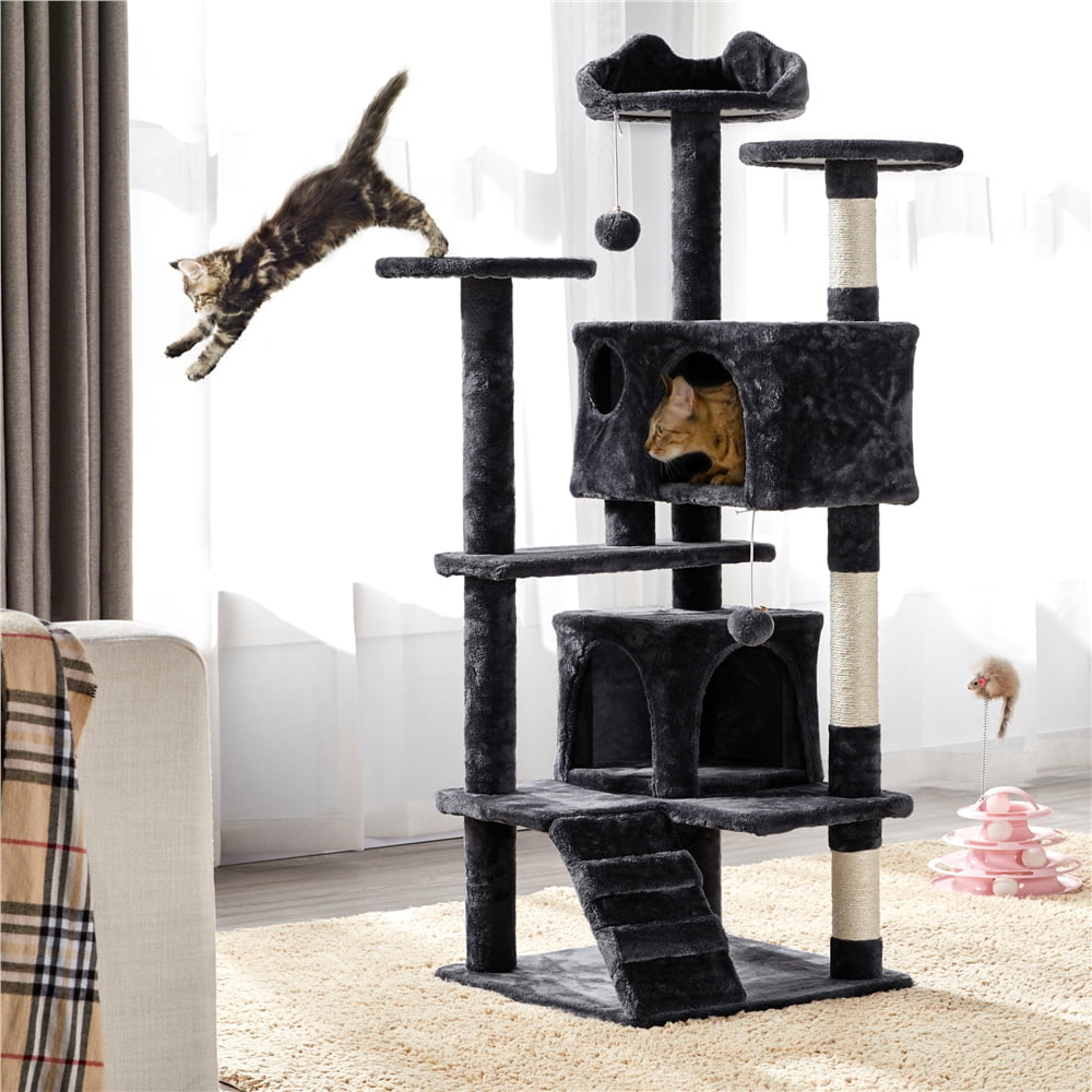 Easyfashion Cat Tree Condo Tower with Scratching Post fot Kittens. Brown. 54″ H