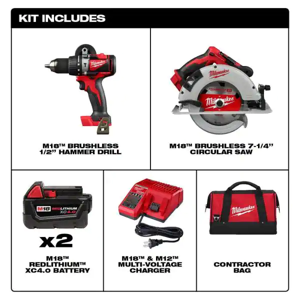 Milwaukee 2992-22 M18 18V Lithium-Ion Brushless Cordless Hammer Drill and Circular Saw Combo Kit (2-Tool) with Two 4.0 Ah Batteries