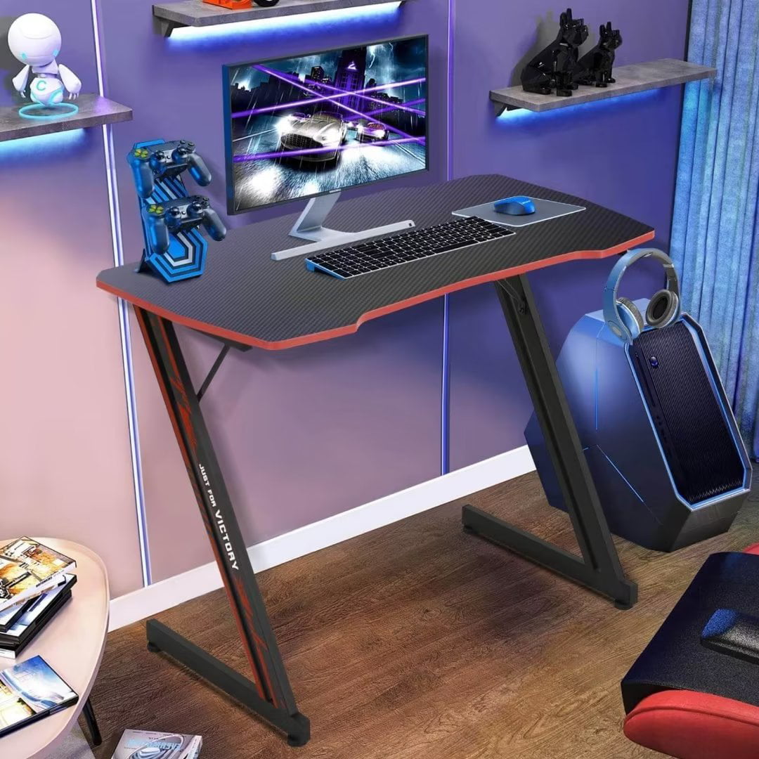 NiamVelo Gaming Desk 39.4 inch Z-Shaped Computer Desk PC Computer Table Home Office Desk Ergonomic Gamer Workstation with Headphone Hook. Red