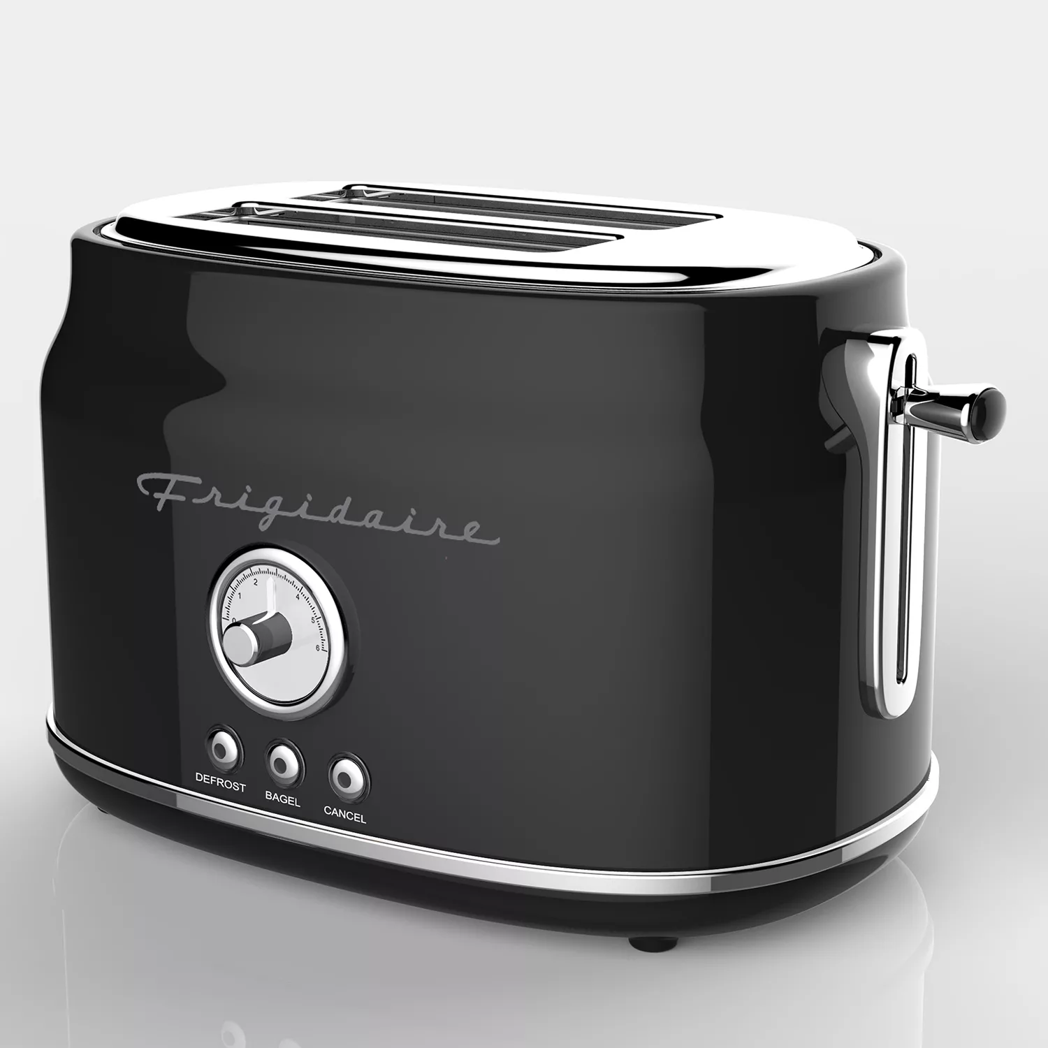 Frigidaire ETO102-BLACK. 2 Slice Toaster. Retro Style. Wide Slot for Bread. English Muffins. Croissants. and Bagels. 5 Adjustable Toast Settings. Cancel and Defrost. 900w. Black