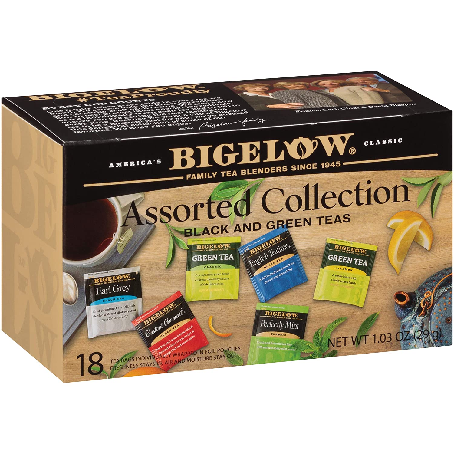 Bigelow Collection Black and Green Tea Bags. 18 Count Box (Pack of 6) Caffeinated. 108 Tea Bags Total (Packaging and Flavor Assortment May Vary)