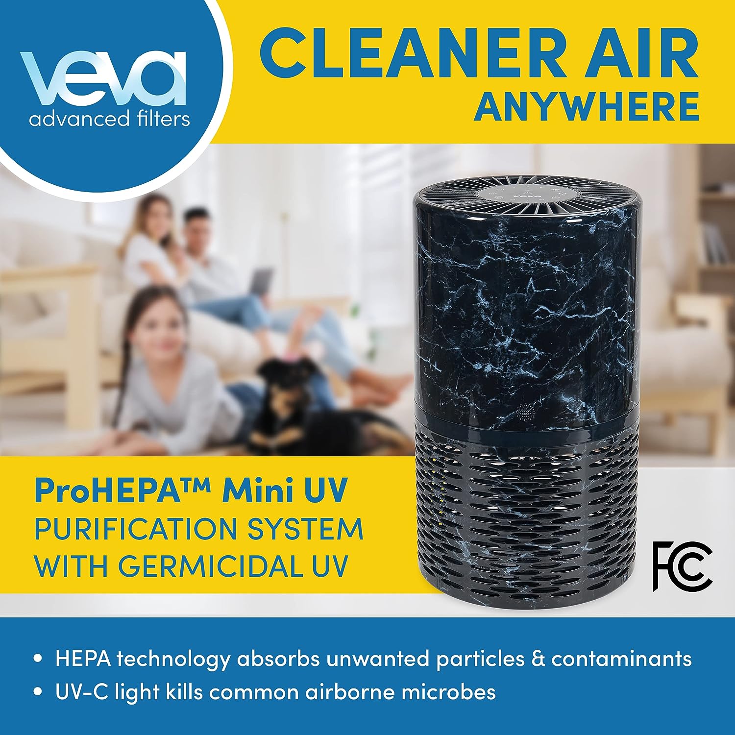 Veva Black Circular Air Purifier. Compact and Modern with UV-C Light. HEPA Filter. 3 Speed Settings. Soft Light. 220 sqft coverage