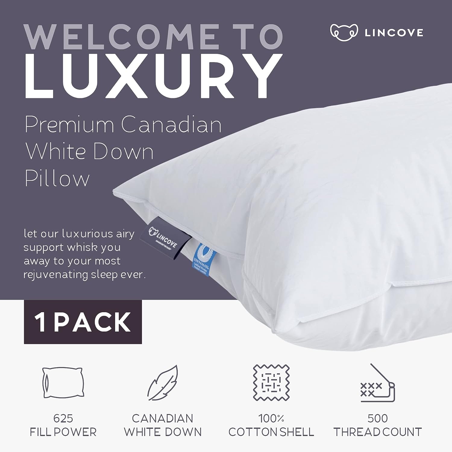 Lincove Cloud Natural Canadian White Down Luxury Sleeping Pillow - 625 Fill Power. 500 Thread Count Cotton Shell. Made in Canada. Standard - Soft. 1 Pack