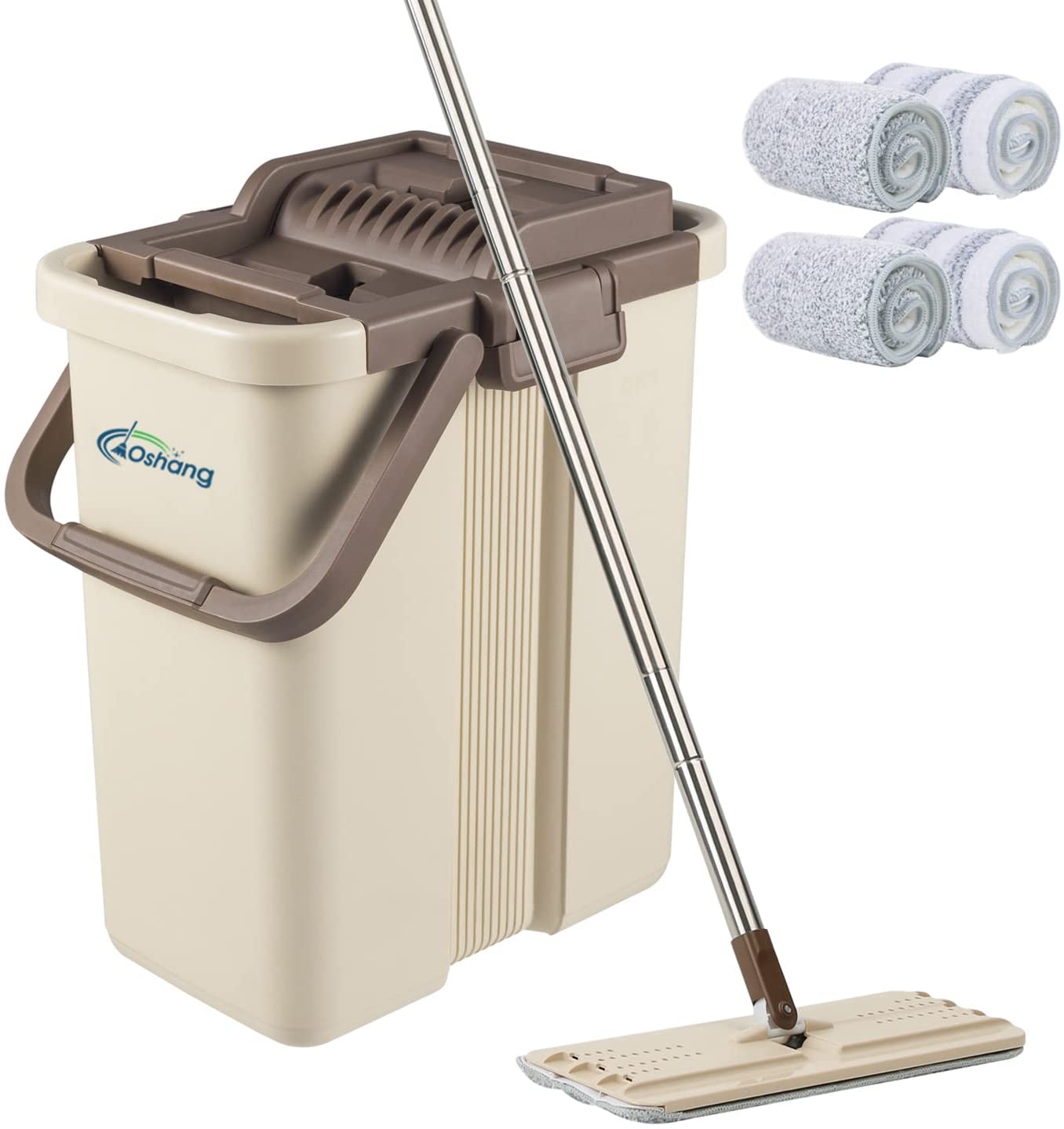 oshang Flat Squeeze Mop and Bucket - Hand-Free Wringing Floor Cleaning Mop - 4 Pieces Washable & Reusable Microfiber Mop Clothes/Pads Included - Wet or Dry Usage on Hardwood. Laminate. Tile