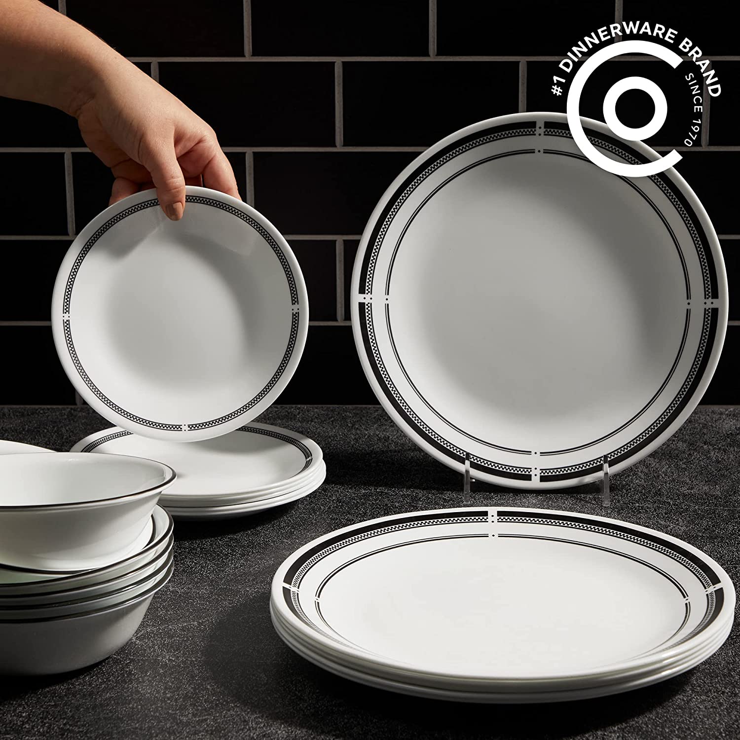 Corelle 18-Piece Round Dinnerware Set. Service for 6. Lightweight Round Plates and Bowls Set. Vitrelle Triple Layer Glass. Chip and Scratch Resistant. Microwave and Dishwasher Safe. Brasserie