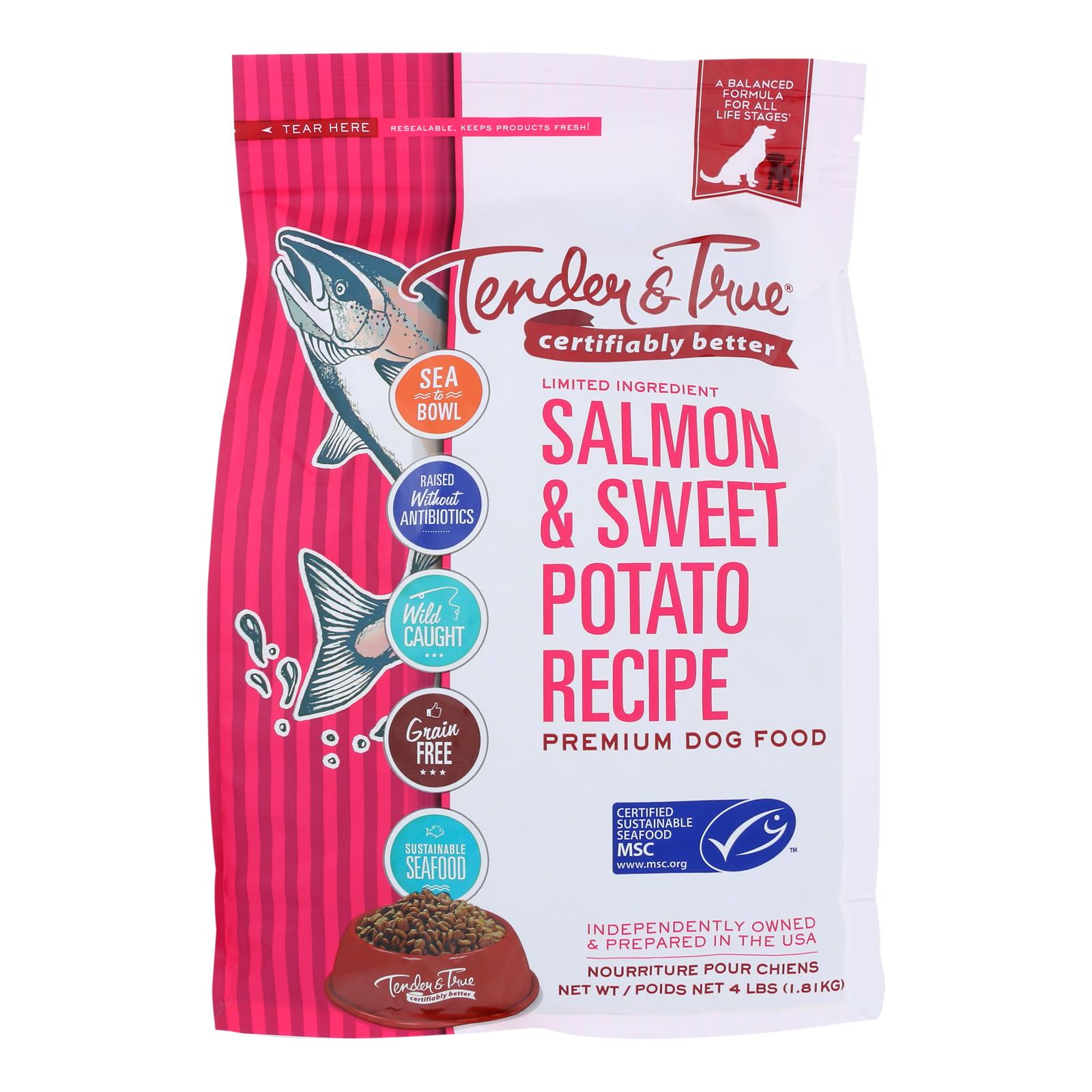 Tender & True Flavor Salmon & Sweet Potato Wet Dog food. 4 lb. Packet (6 Pack)