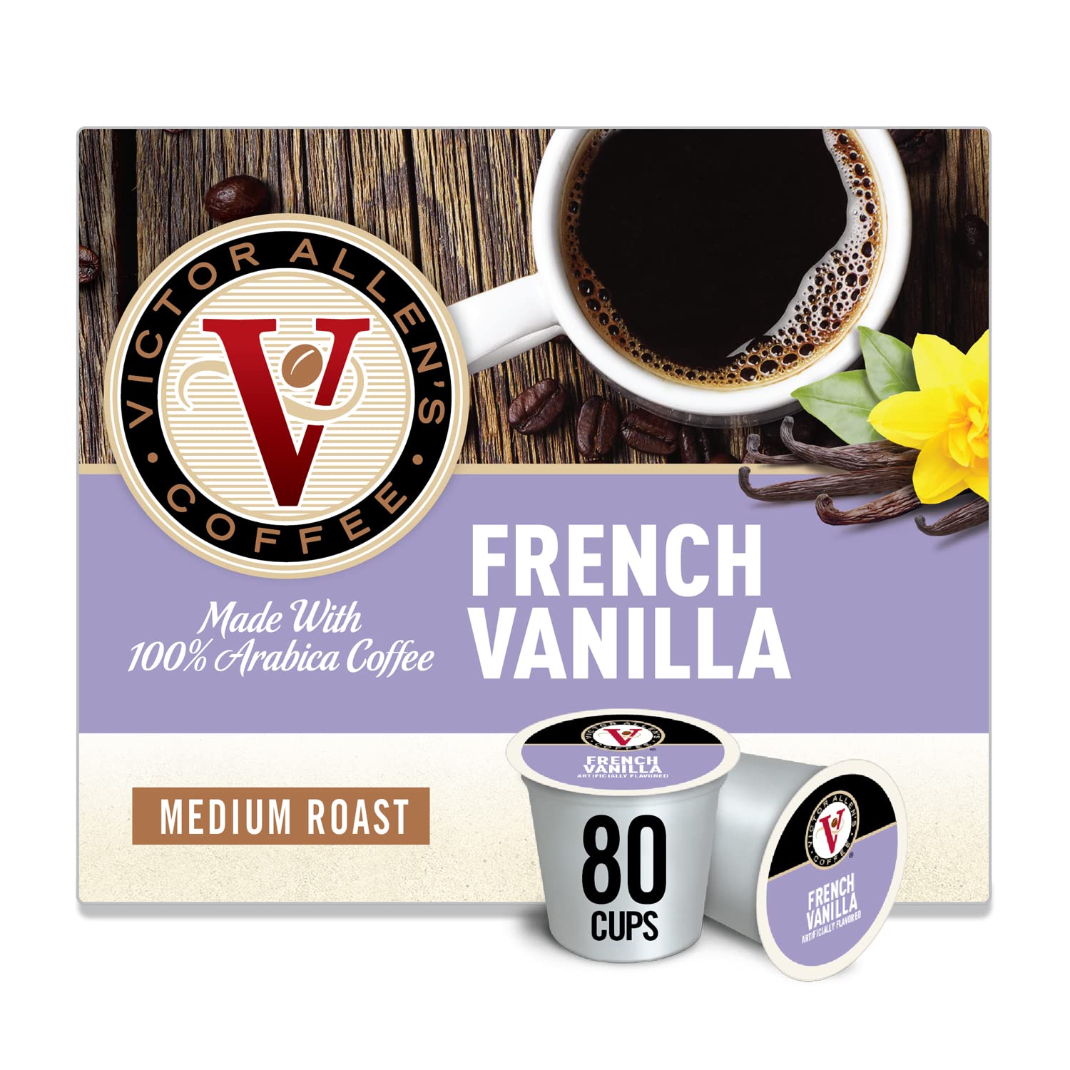 Victor Allen-s Coffee French Vanilla Blend. Flavored Medium Roast. 80 Count Single Serve Coffee Pods for Keurig K-Cup Brewers