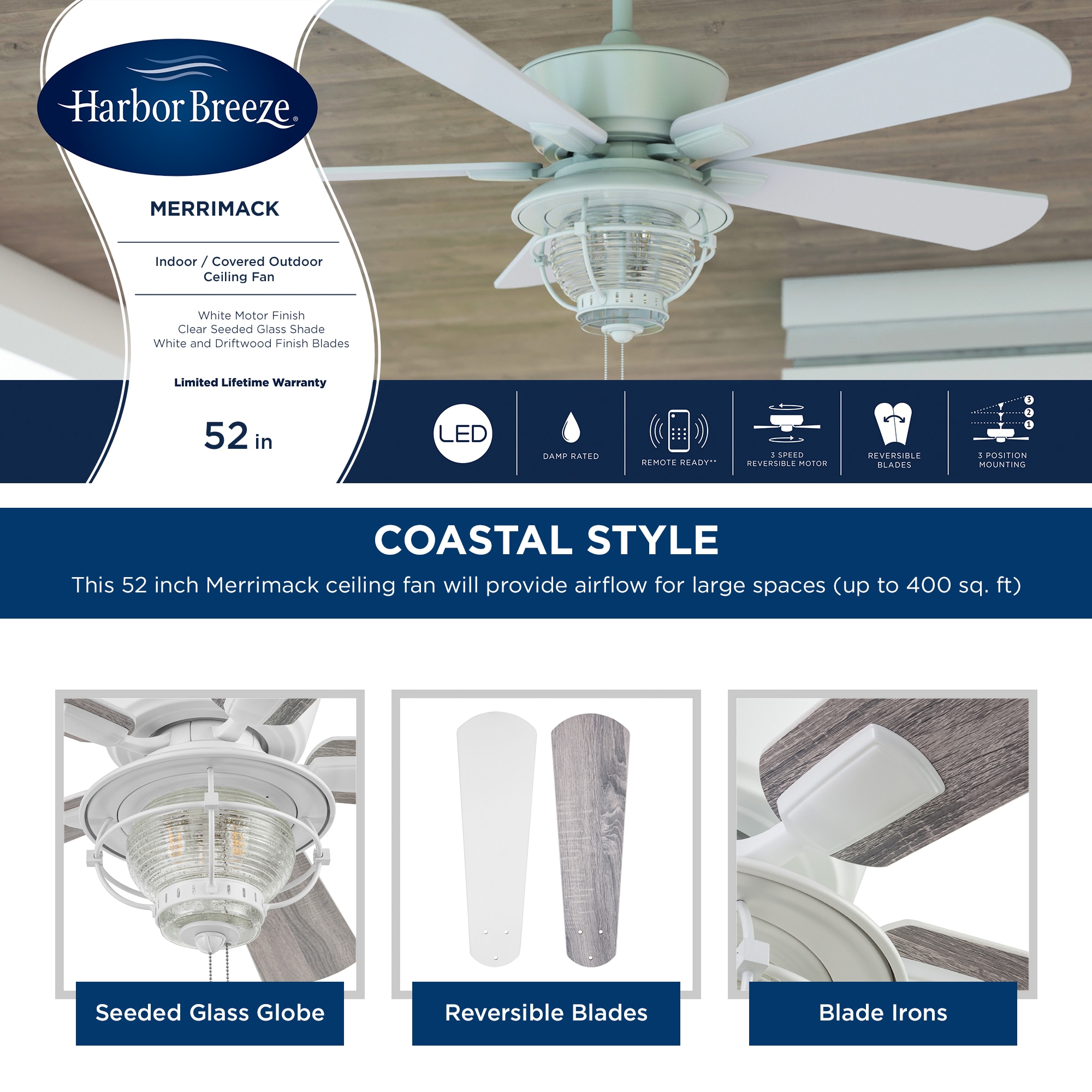 Harbor Breeze 42241 Merrimack II 52-in White LED Indoor/Outdoor Downrod or Flush Mount Ceiling Fan with Light (5-Blade)