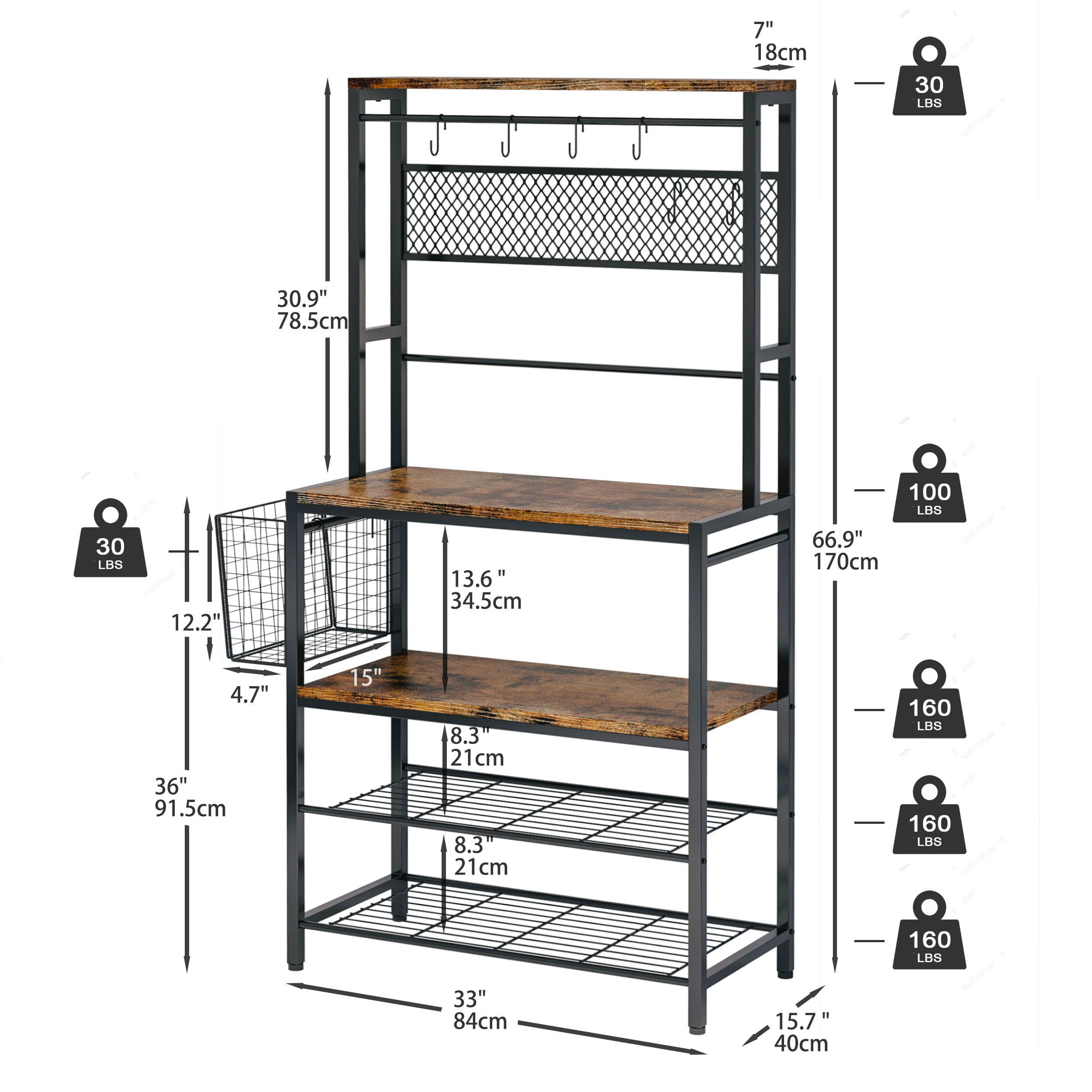 IRONCK Baker-s Rack. Industrial Kitchen Island with Hooks  33in Microwave Stand Vintage Brown Manufactured
