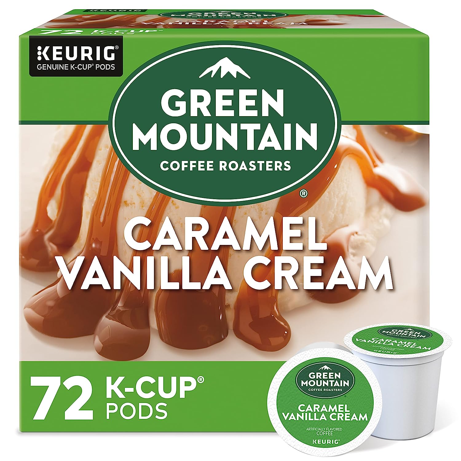 Green Mountain Coffee Roasters Caramel Vanilla Cream. Single-Serve Keurig K-Cup Pods. Flavored Light Roast Coffee. 72 Count