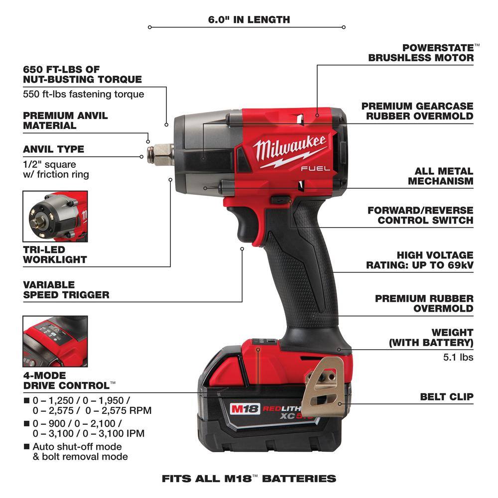 Milwaukee 2962-20-48-11-1850 M18 FUEL Gen-2 18V Lithium-Ion Brushless Cordless Mid Torque 1/2 in. Impact Wrench with (1) 5.0 Ah Battery