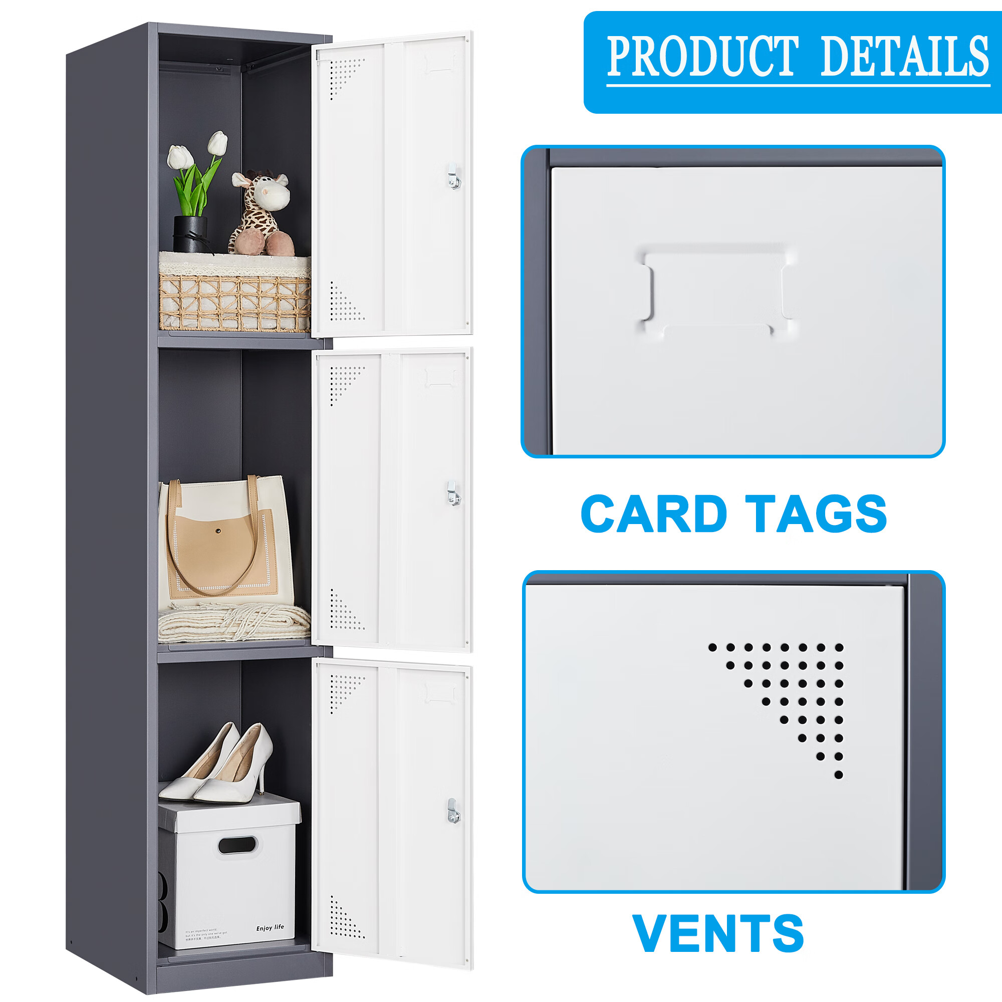 Fesbos Metal Locker 3 Lockable Door.71″ Tall Steel Storage Cabinet for School Office Gym Home Employees Staff Sundries Room