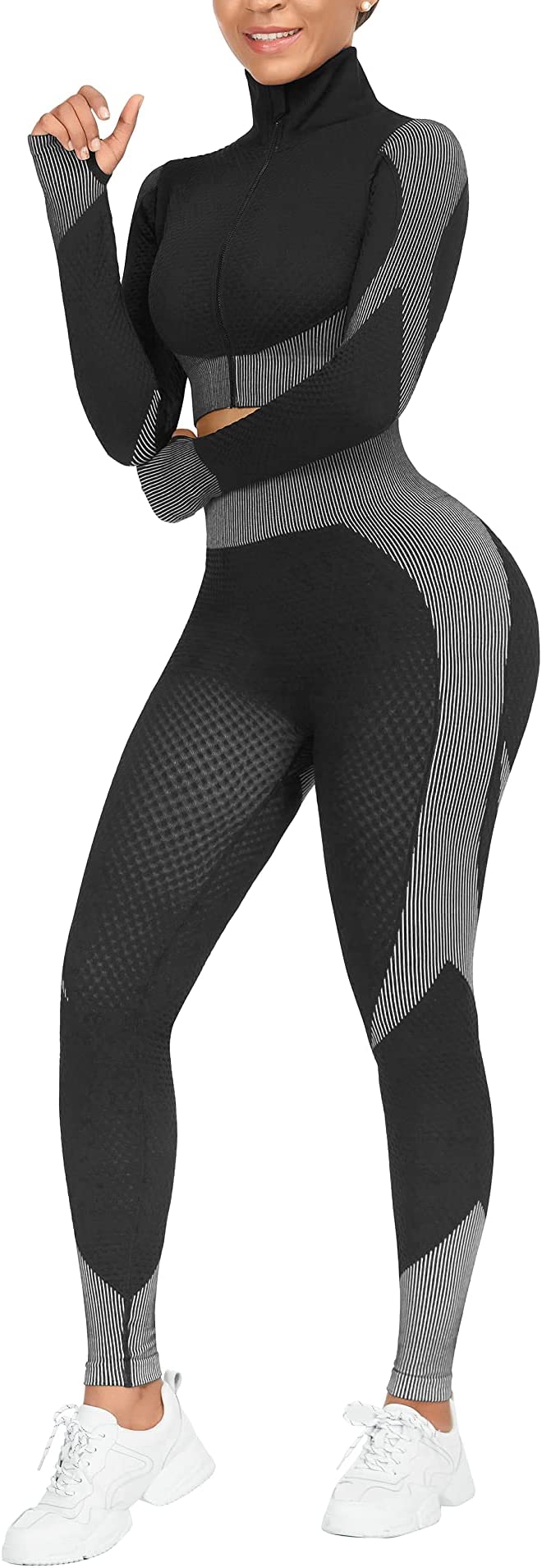 KEEPTO Workout Sets for Women Long Sleeve Zipper Crop Top with Tummy Control High Waist Seamless Leggings Gym Outfits