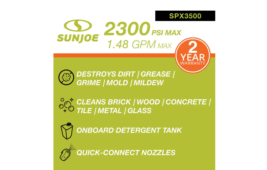 Sun Joe SPX3500 2300 Max PSI 1.48 GPM Brushless Induction Electric Pressure Washer with Brass Hose Connector