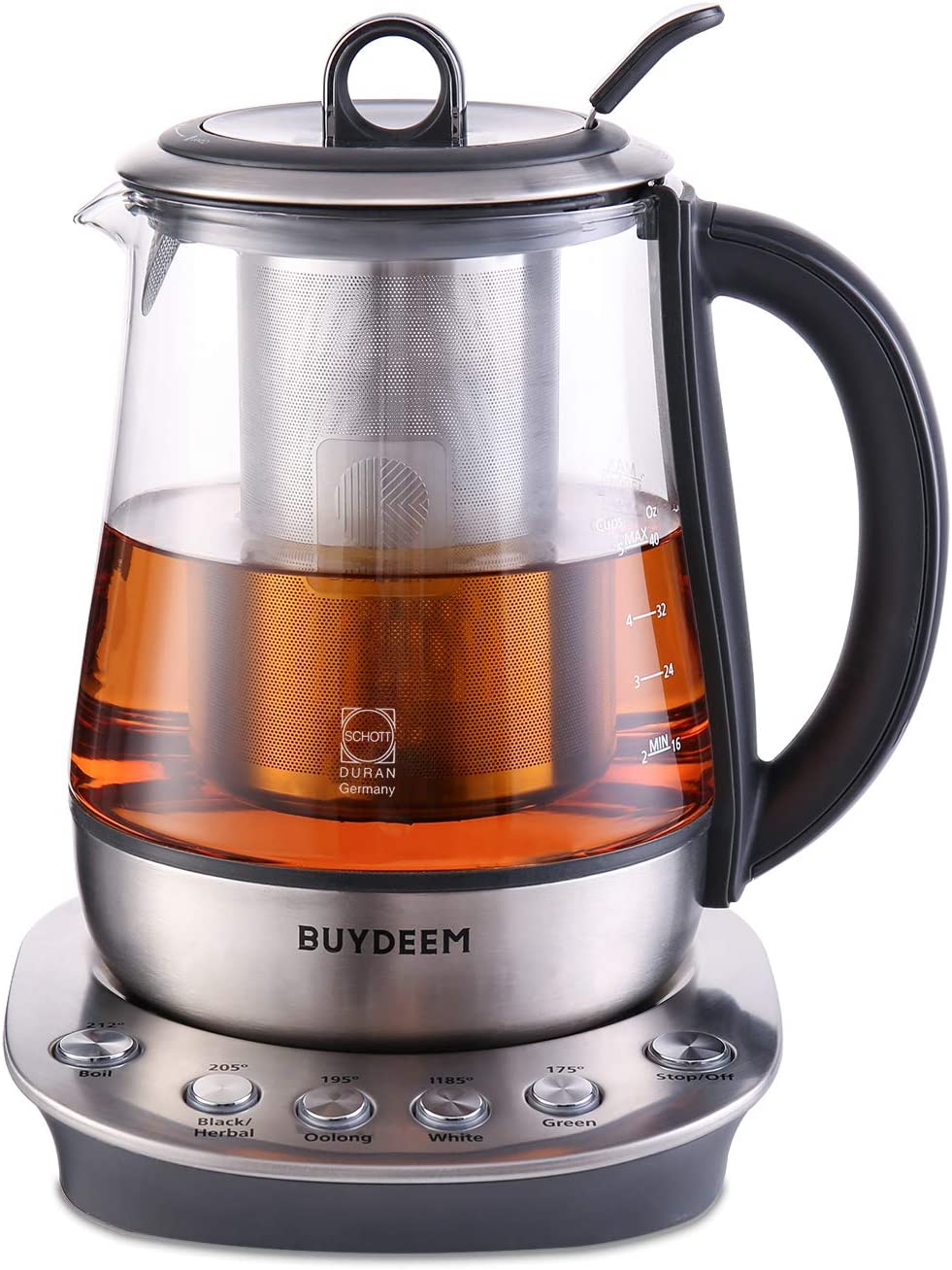 BUYDEEM K2423 Tea Maker. Durable 316 Stainless Steel & German Schott Glass Electric Kettle. Removable Infuser. Auto Keep Warm. BPA Free. 1.2L