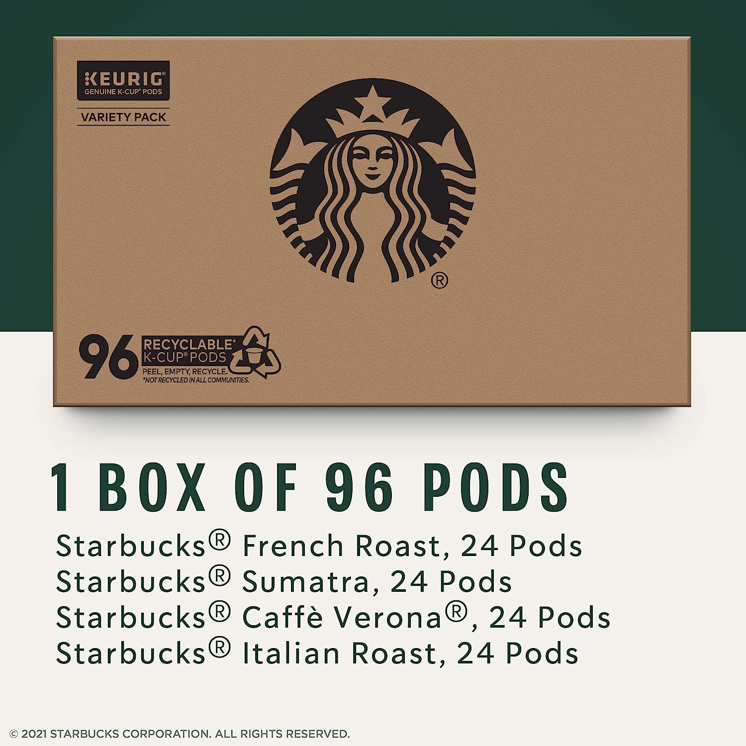 Starbucks K-Cup Coffee Pods—Dark Roast Coffee—Variety Pack—100% Arabica—1 box (96 pods)