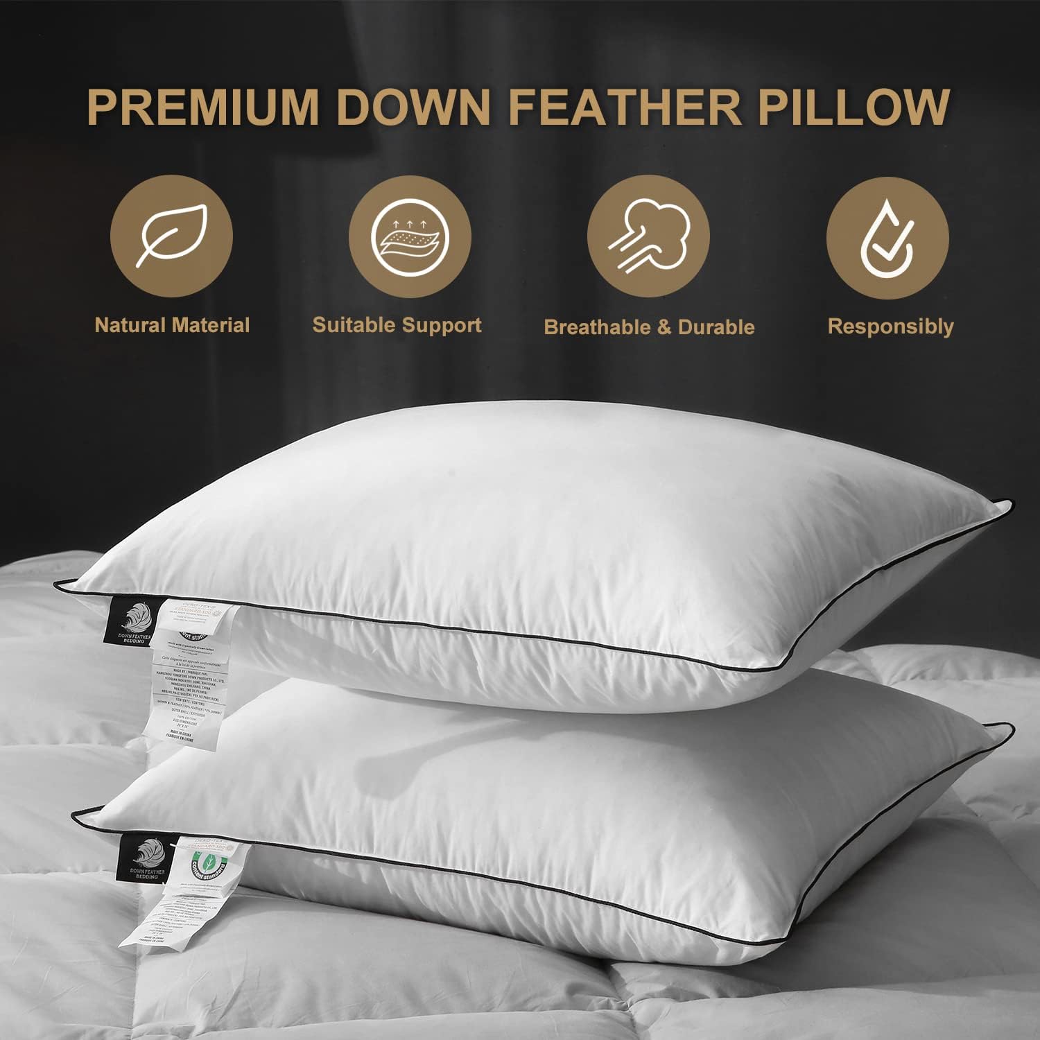 DWR Goose Feather Down Pillow for Sleeping 2 Pack. King Size Organic Cotton Hotel-Style Bed Pillow Inserts. Soft Medium Pillow for Stomach and Back Sleeper (20×36. Set of 2)