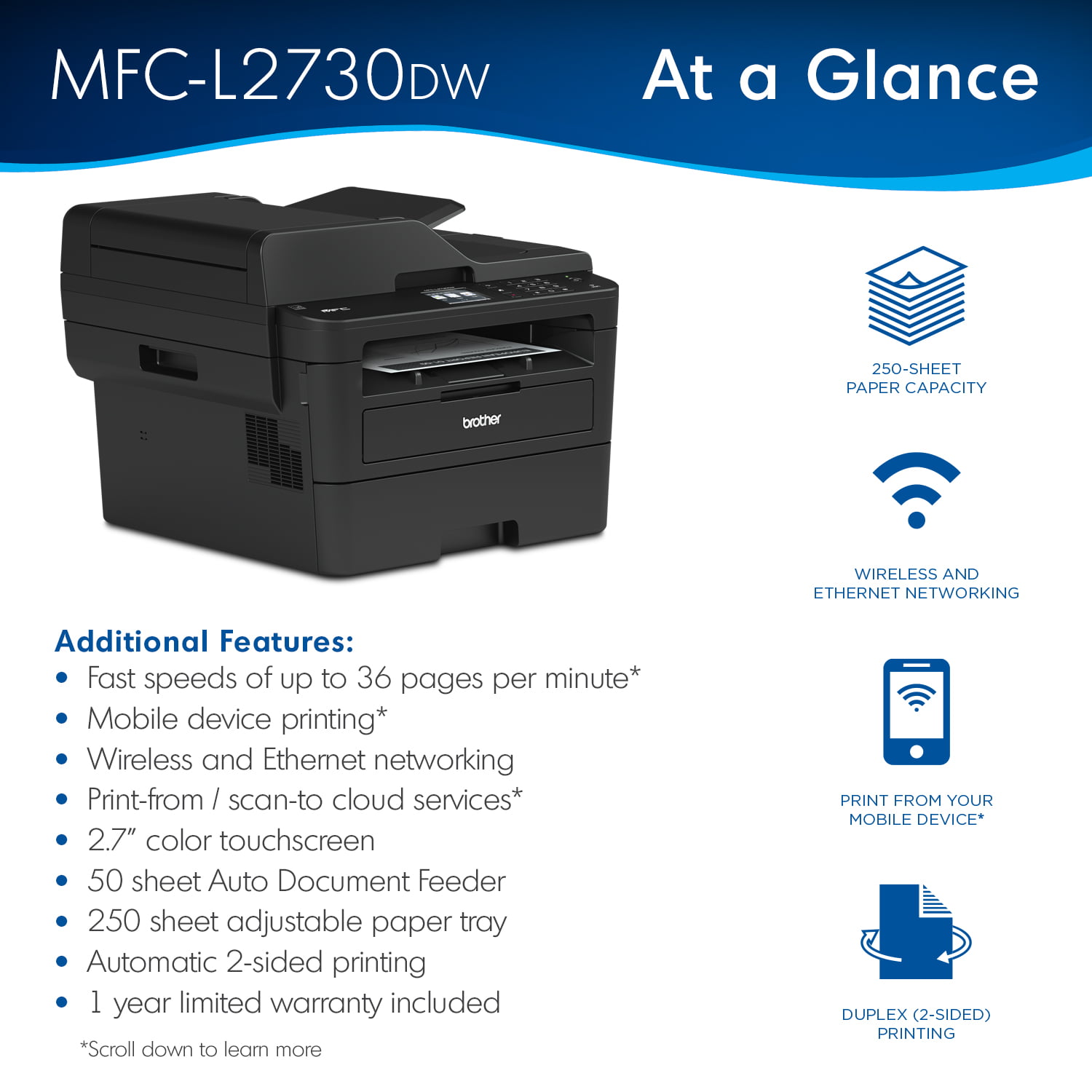 Brother MFC-L2730DW Compact Monochrome Laser All-in-One Wireless Connectivity Printer with 2.7 Color Touchscreen