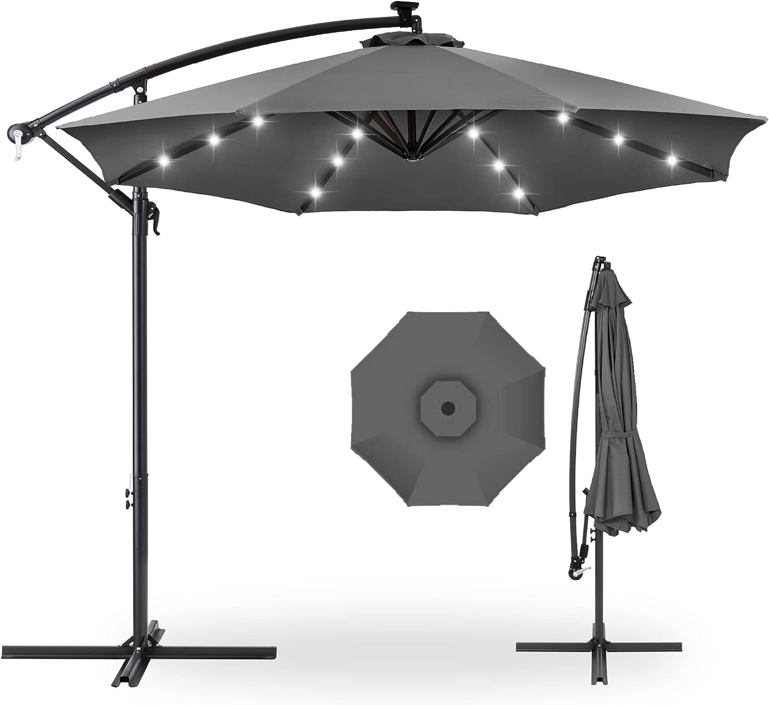 Best Choice Products 10ft Solar LED Offset Hanging Market Patio Umbrella for Backyard. Poolside. Lawn and Garden w/Easy Tilt Adjustment. Polyester Shade. 8 Ribs - Gray