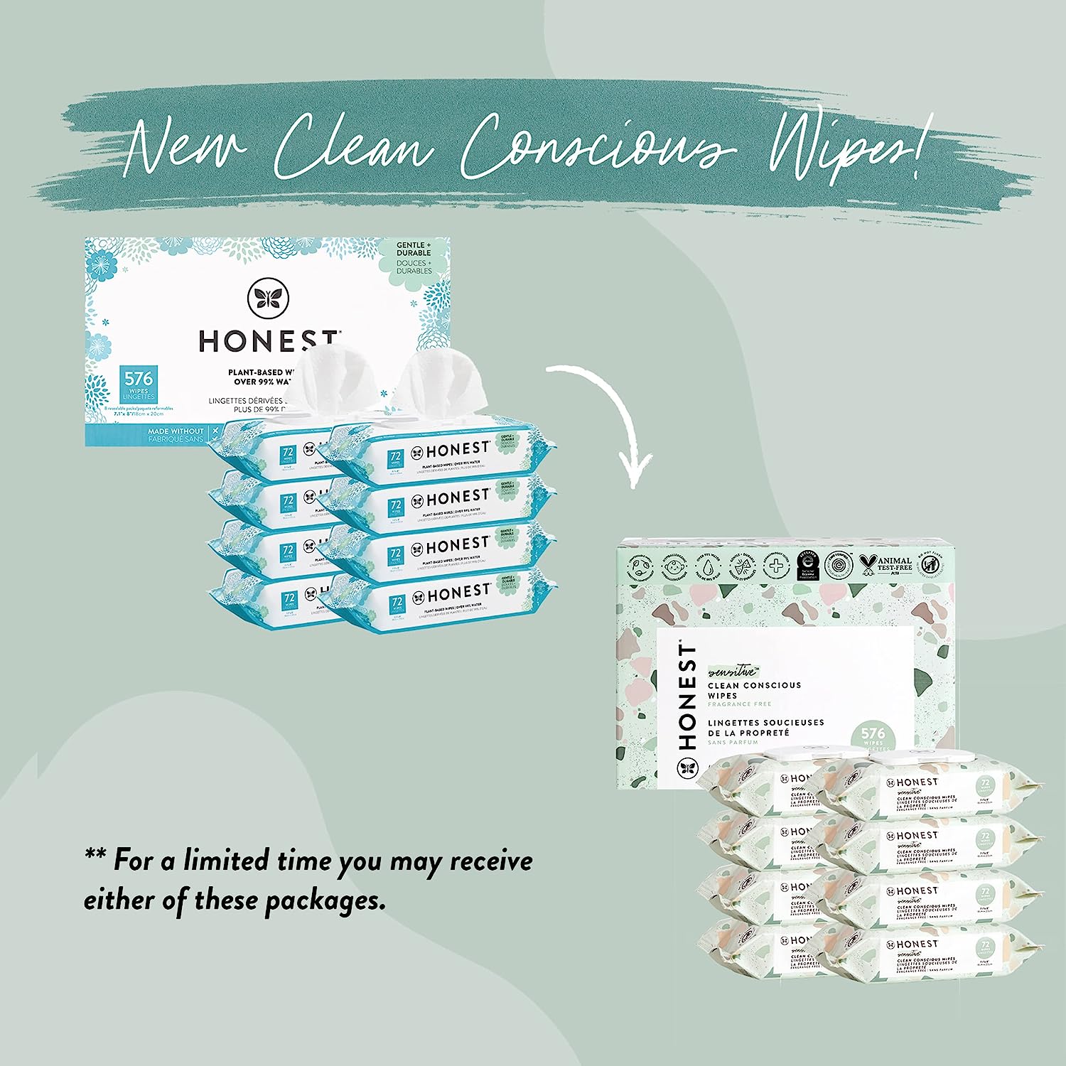 The Honest Company Clean Conscious Wipes | 99% Water. Compostable. Plant-Based. Baby Wipes | Hypoallergenic. EWG Verified | Geo Mood. 576 Count