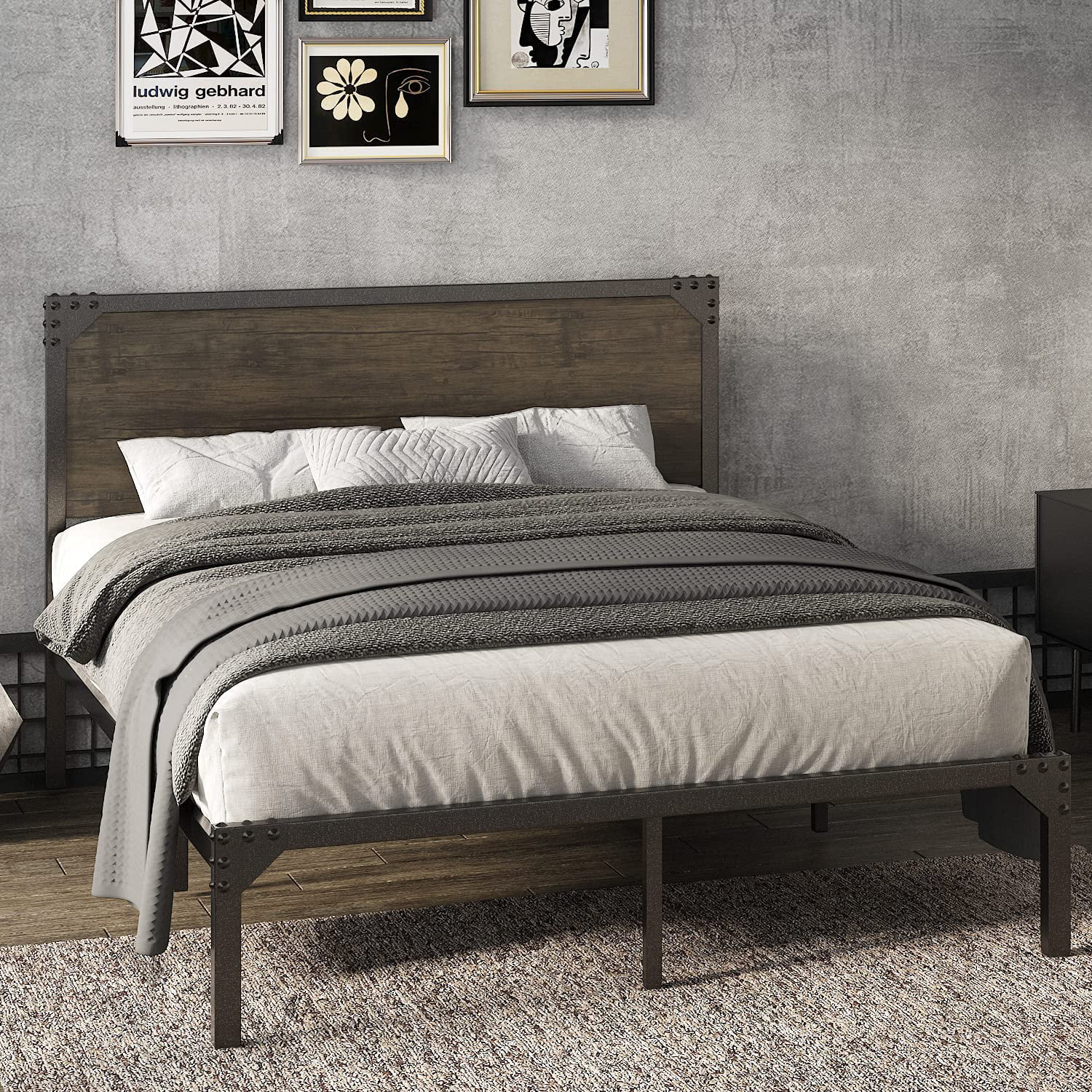 Allewie Queen Size Industrial Bed Frame with Wooden Rivet Headboard. Strong Steel Slat Support