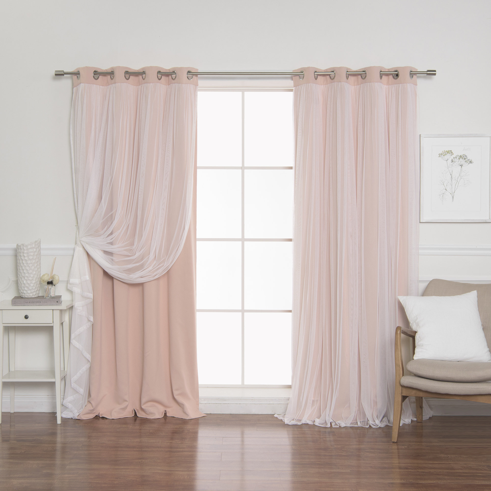 Brockham Solid Tulle Overlay Room Darkening Grommet Curtain Panels (Set of 2)