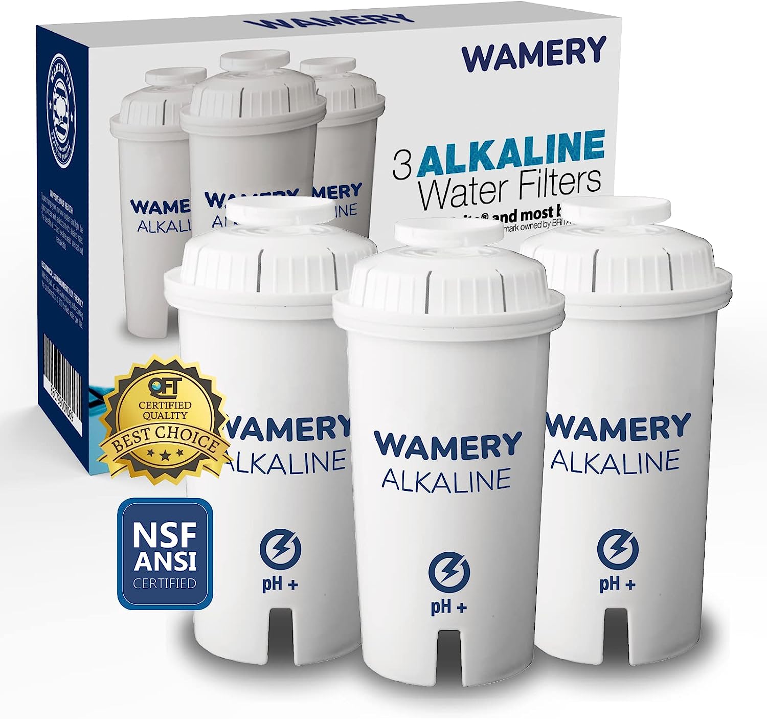 WAMERY Certified Alkaline Water Filter Replacement Fits Brita and Wamery Pitcher Cartridges 3-Pack. Increases Water pH.