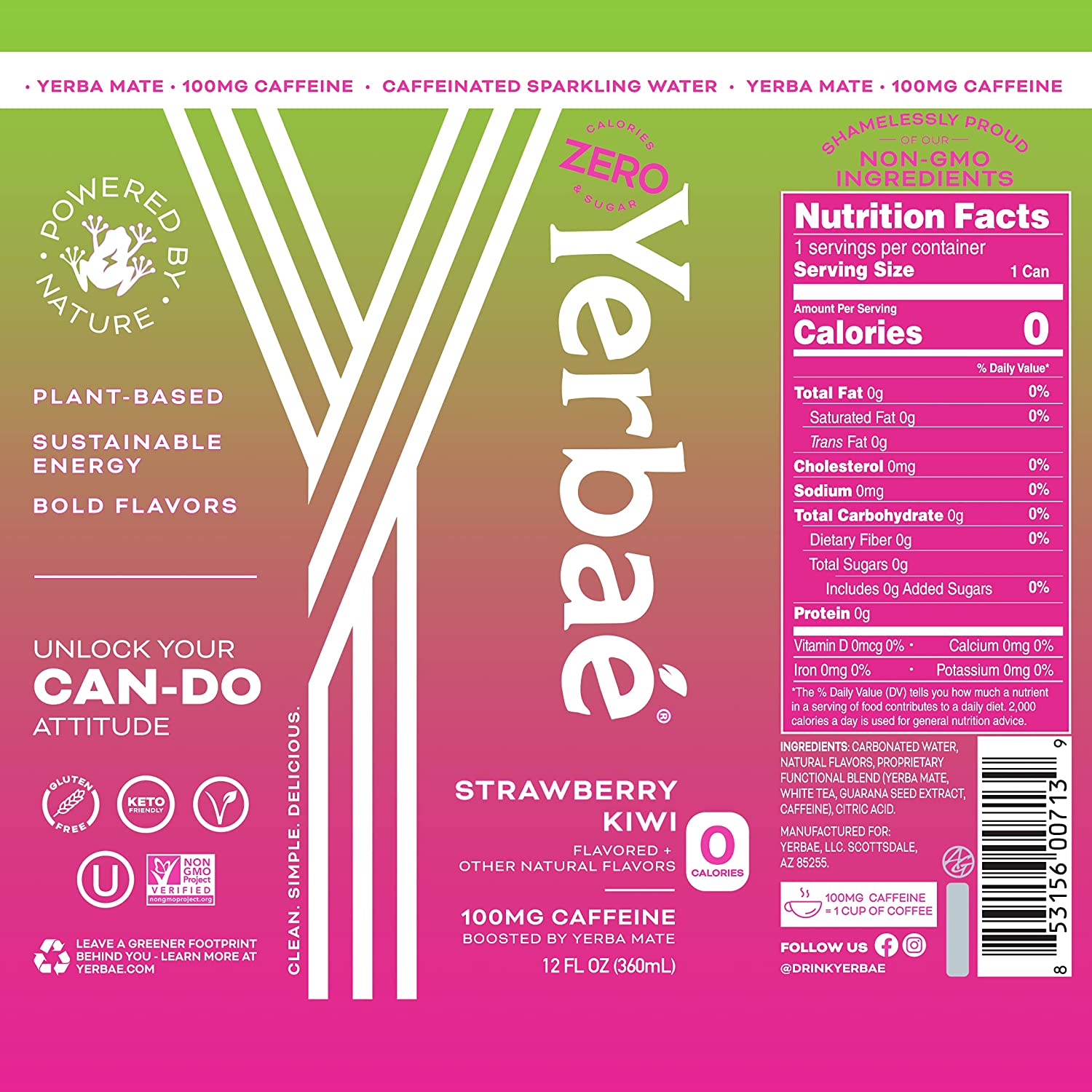 Yerbae Sparkling Water. Strawberry Kiwi Fruit Flavored Seltzer. Energy Drink. 12 Pack