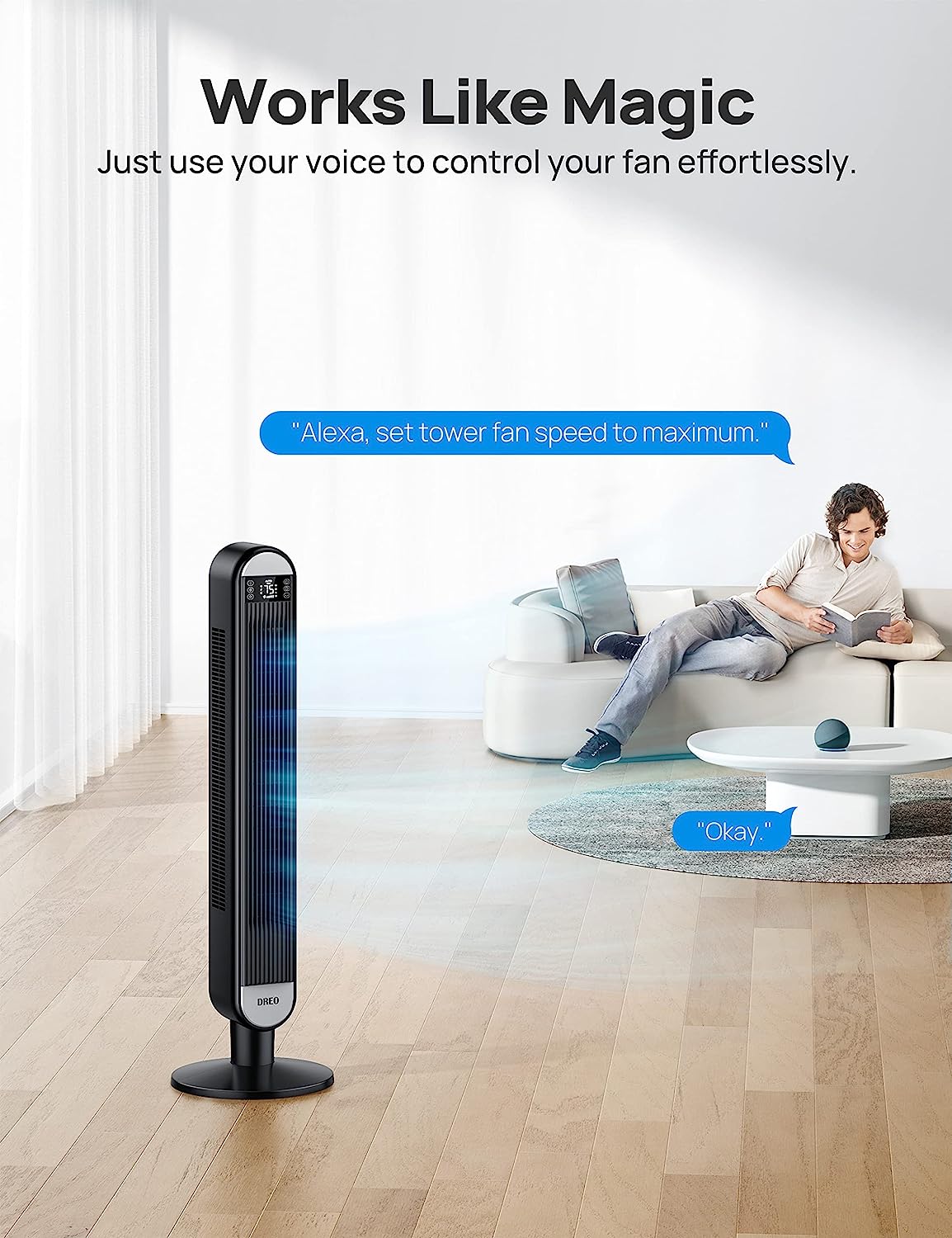 Dreo Smart Tower Fans for Home. 90° Oscillating Fan for Bedroom Indoors. Voice Control Floor Fan with 12H Timer. 42 Inch Quiet Bladeless Standing Fan with LED Display. 6 Speeds. Work with Alexa/Google. Smart WIFI