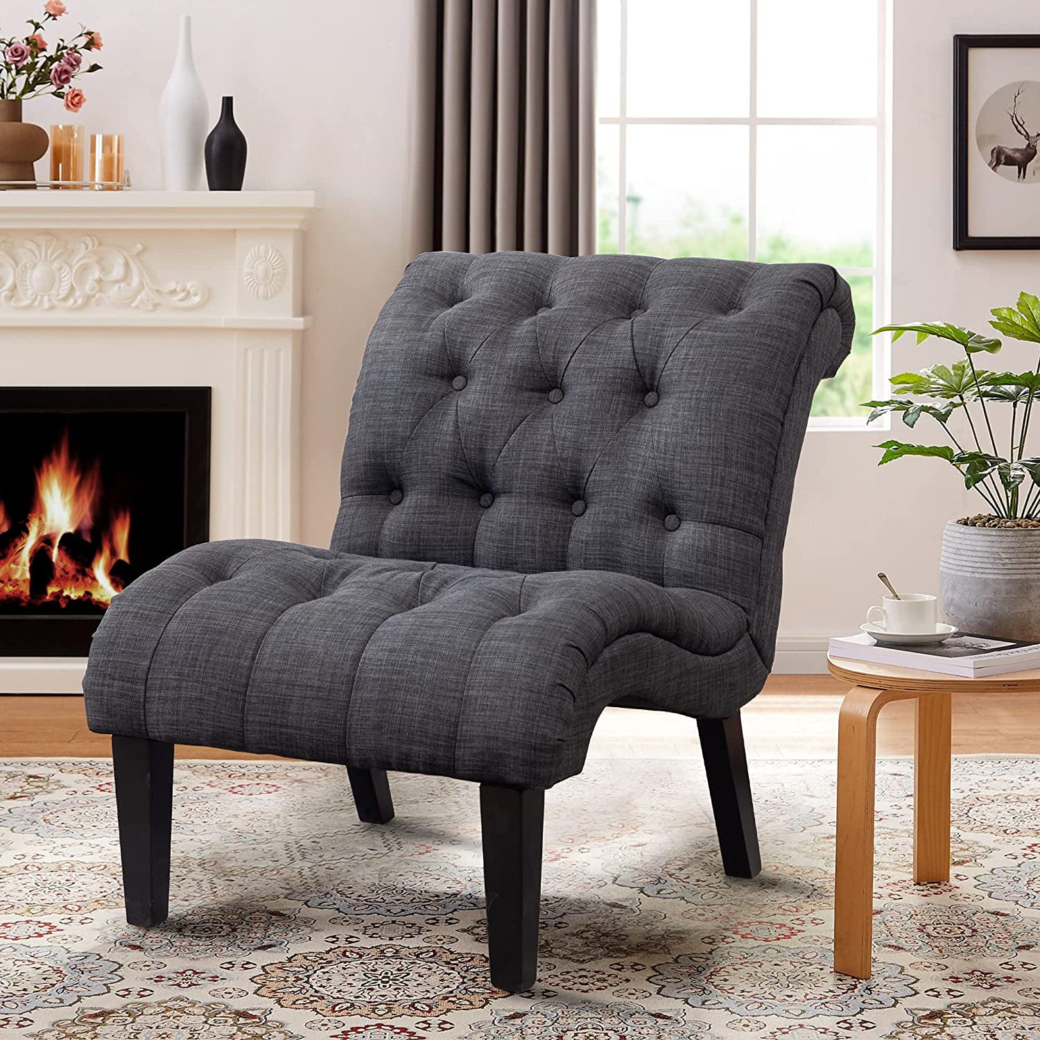 Andeworld Upholstered Accent Chair for Bedroom Living Room Lounge Chair with Wood Legs Gray Fabric