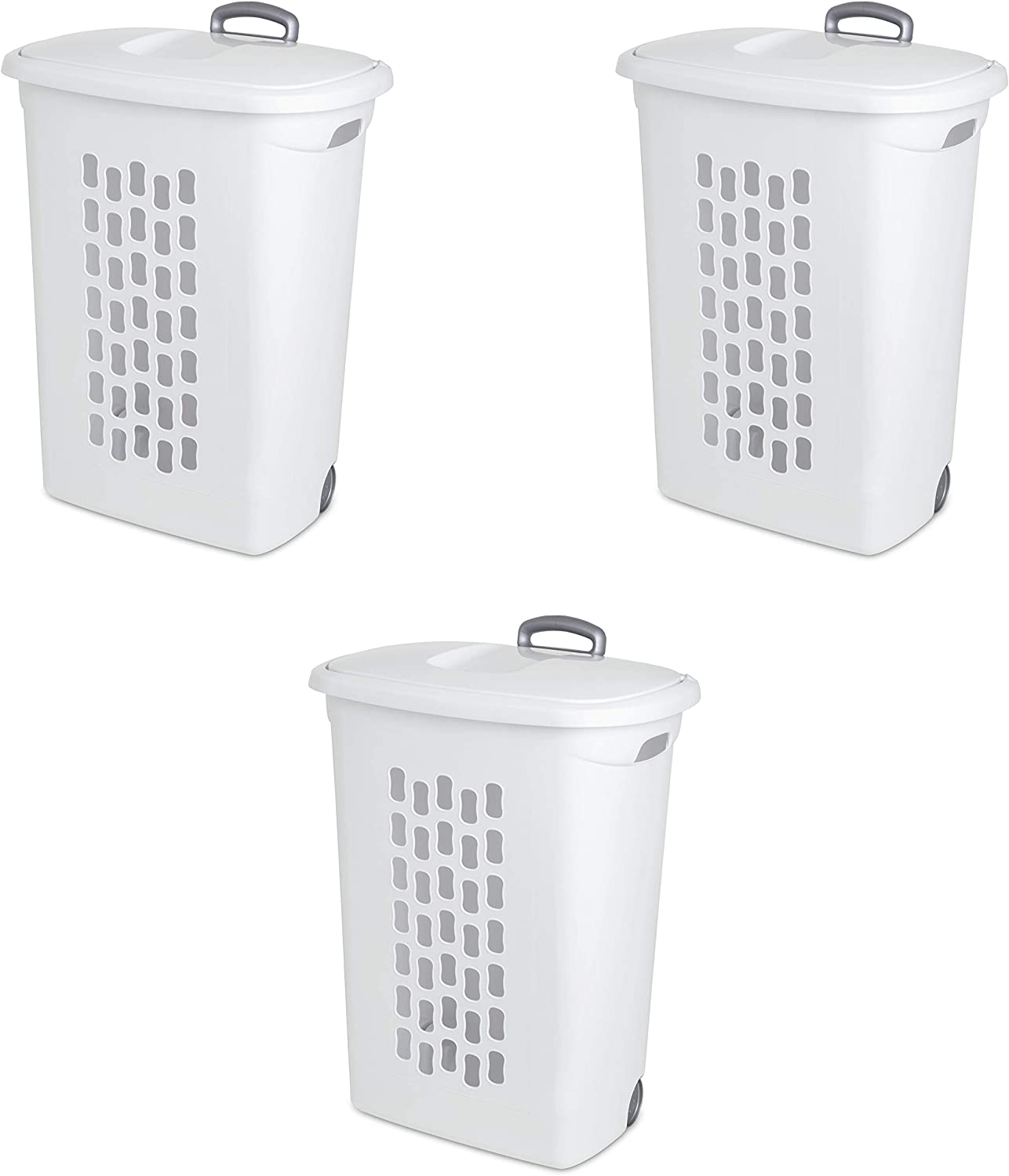 Sterilite 12228003 Ultra Wheeled Hamper. White Lid & Base w/ Plastic Handle & Wheels. 3-Pack