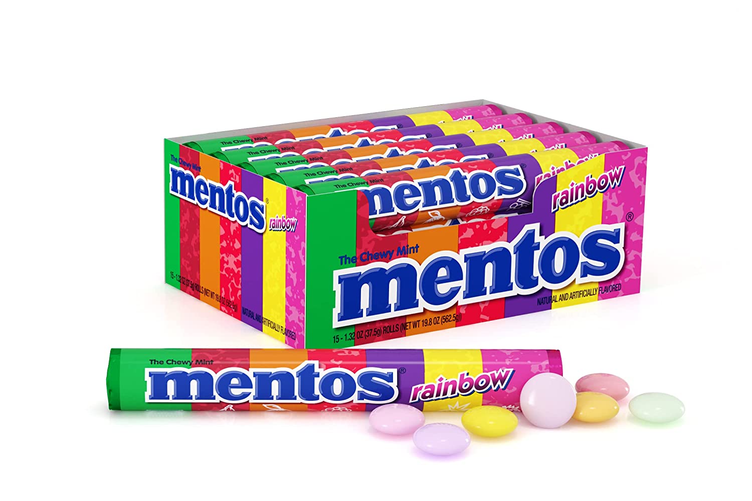 Mentos Chewy Mint Candy Roll. Rainbow. Non Melting. Party. 14 Pieces (Bulk Pack of 15)